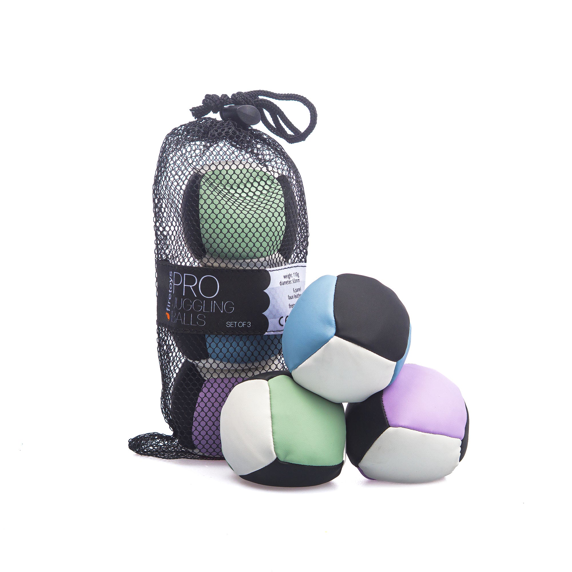 Colorful juggling balls with a mesh bag labeled 'Pro Juggling Balls' on a white background