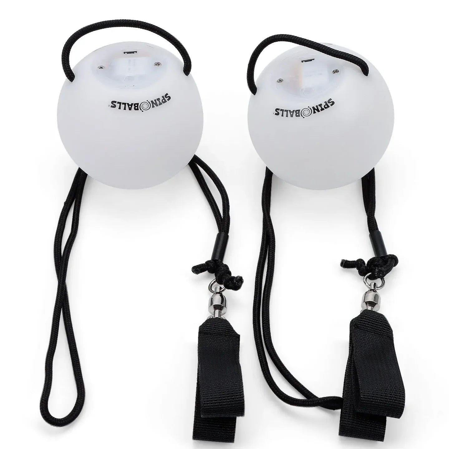 Two white SPIN BALIS balls with black straps on a white background