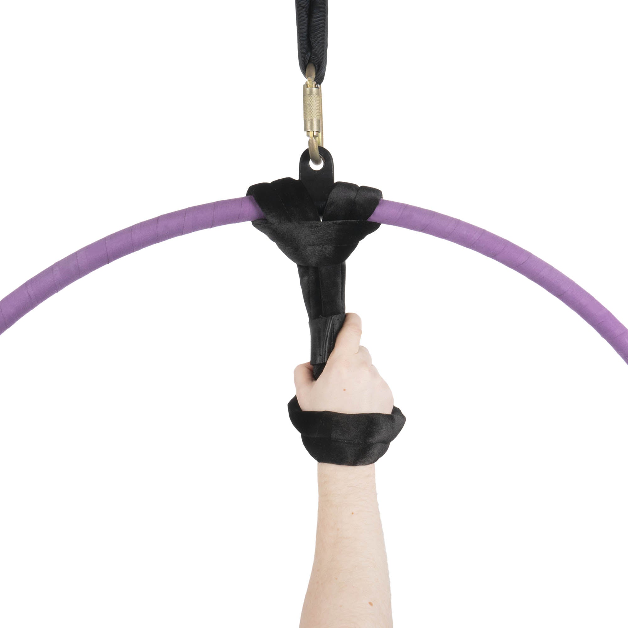 Black velvet hand loop attached to 1 point aerial hoop in hand