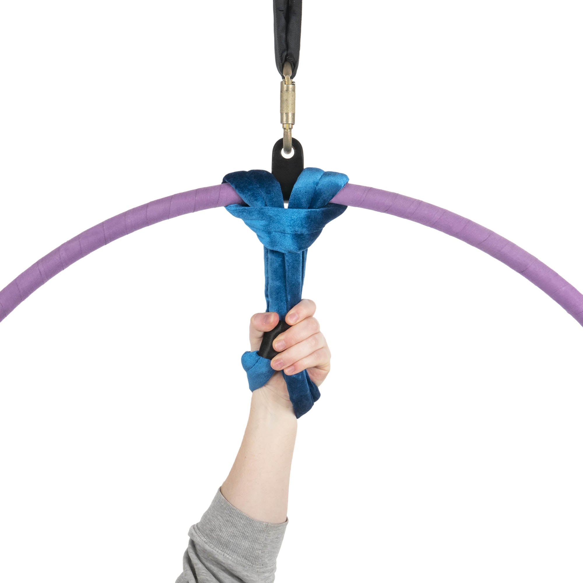 Marine velvet hand loop attached to a one point aerial hoop in hand
