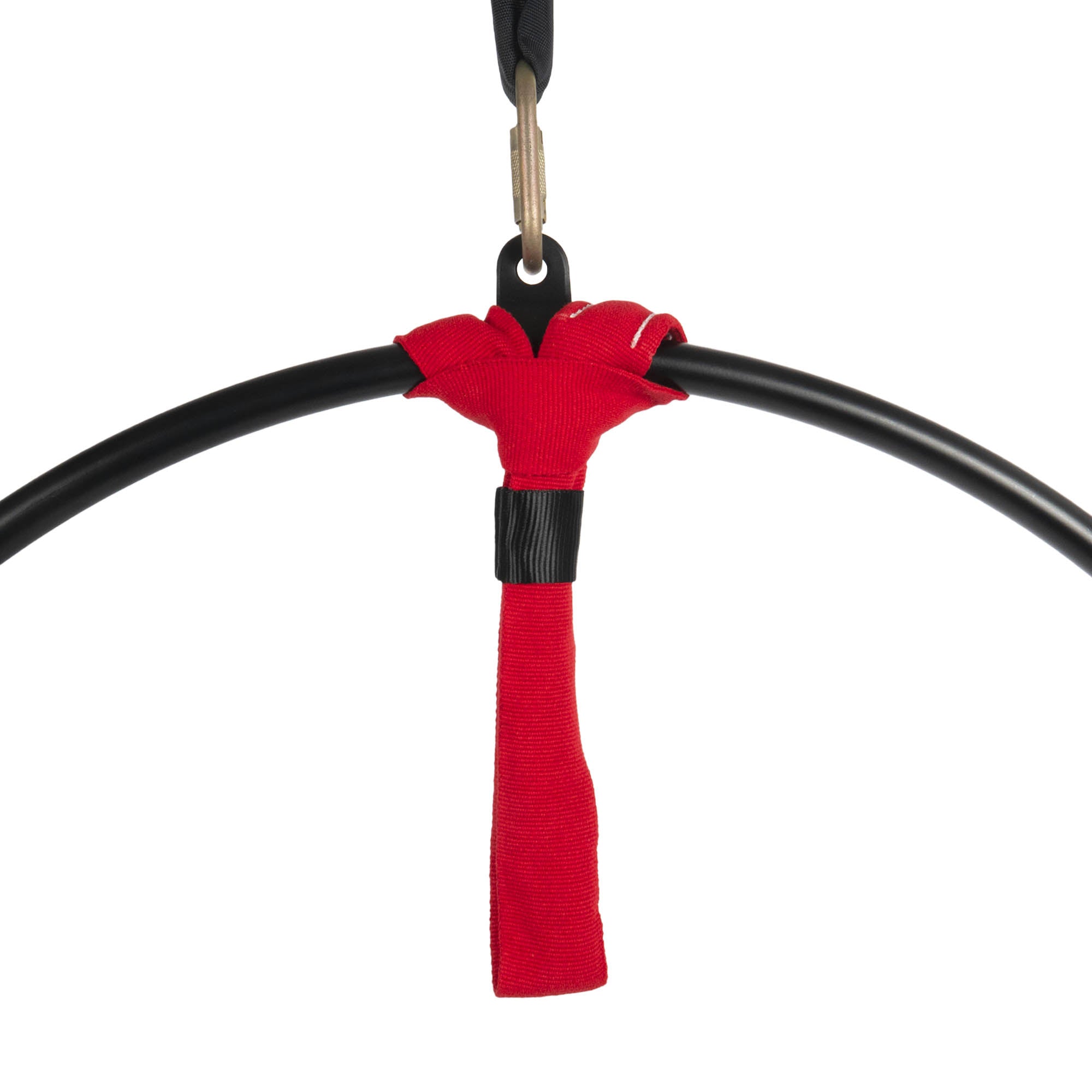 Red hand loop strap hanging from hoop