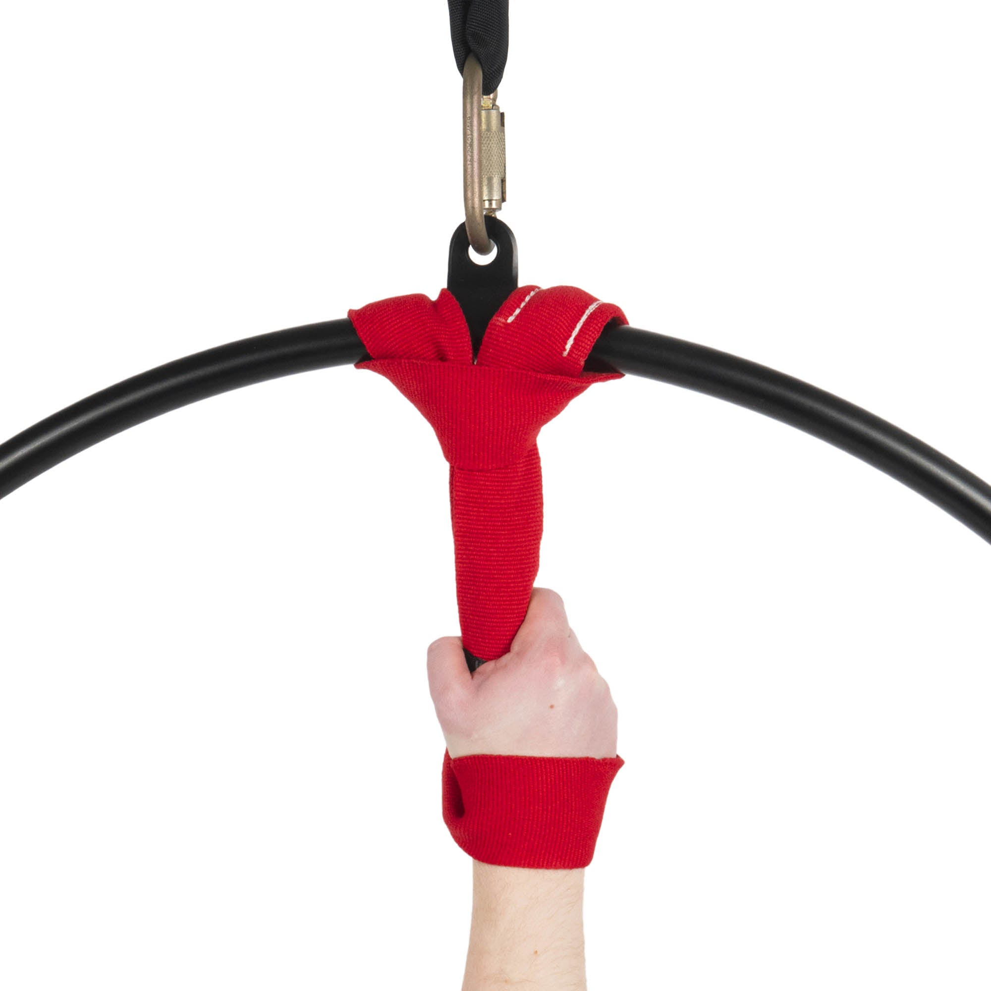 hand holding red hand loop, attached to hoop