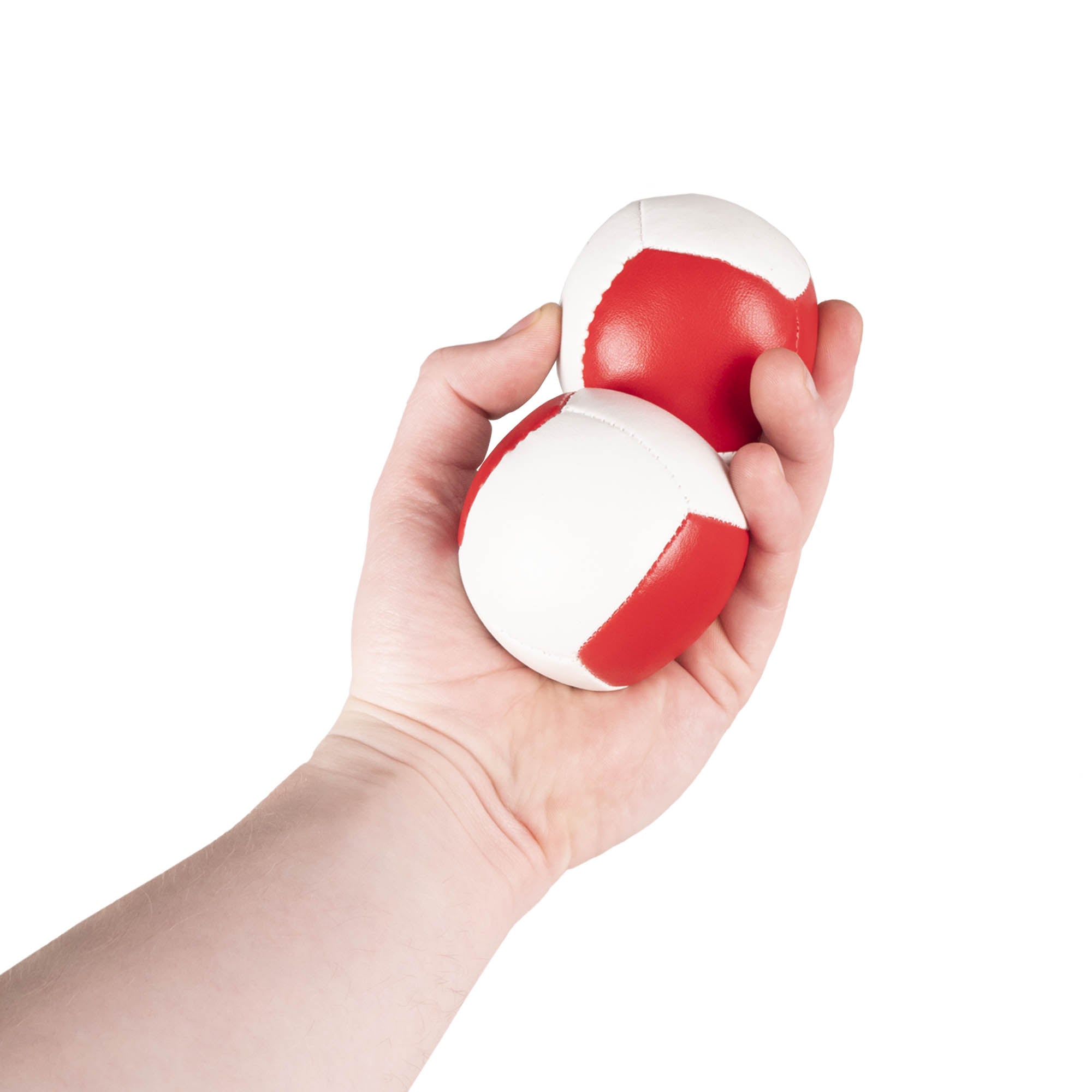 Firetoys two red/white 110g thud juggling balls in hand