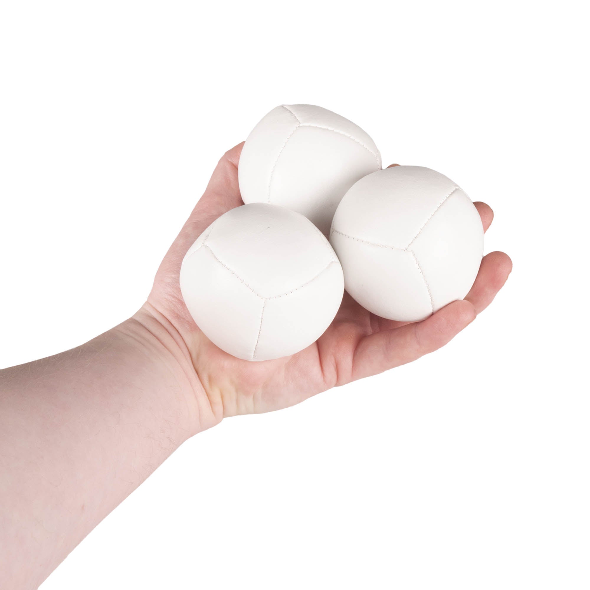 Firetoys three white 110g thud juggling balls in hand
