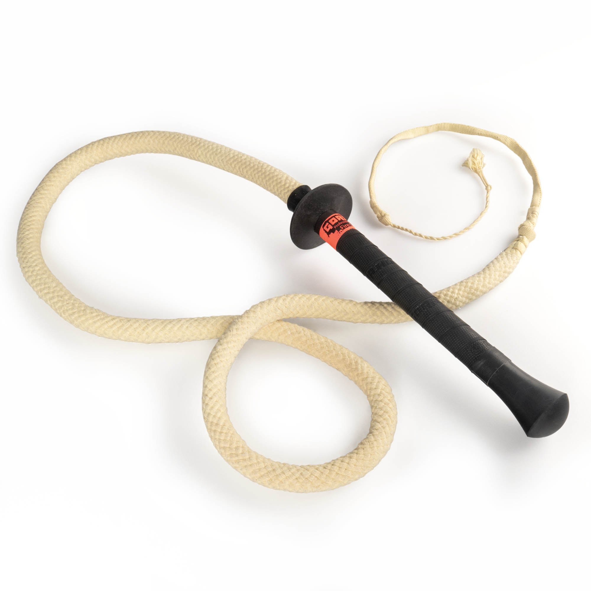 Gora fire whip full product shot with rope curled