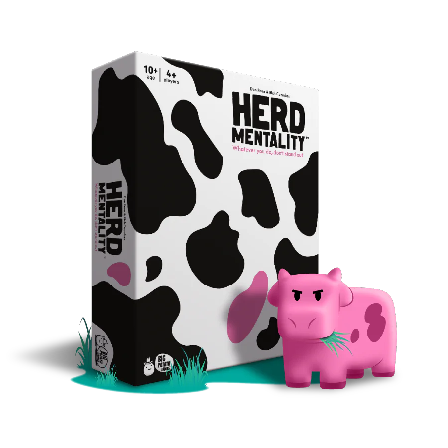 Board game box for 'Herd Mentality' with a pink cow figurine on a white background