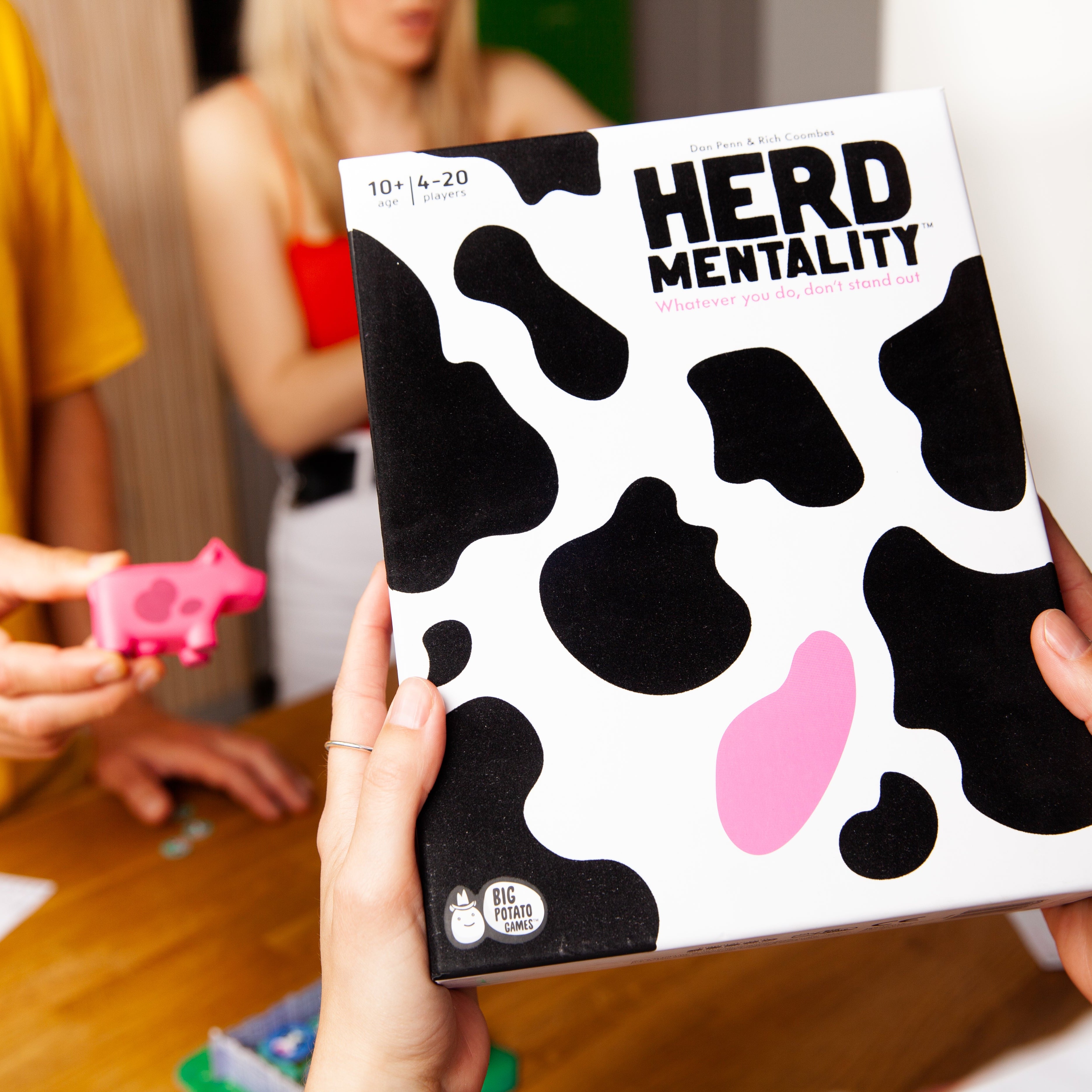Board game box titled 'HERD MENTALITY' held by a person with people in the background.