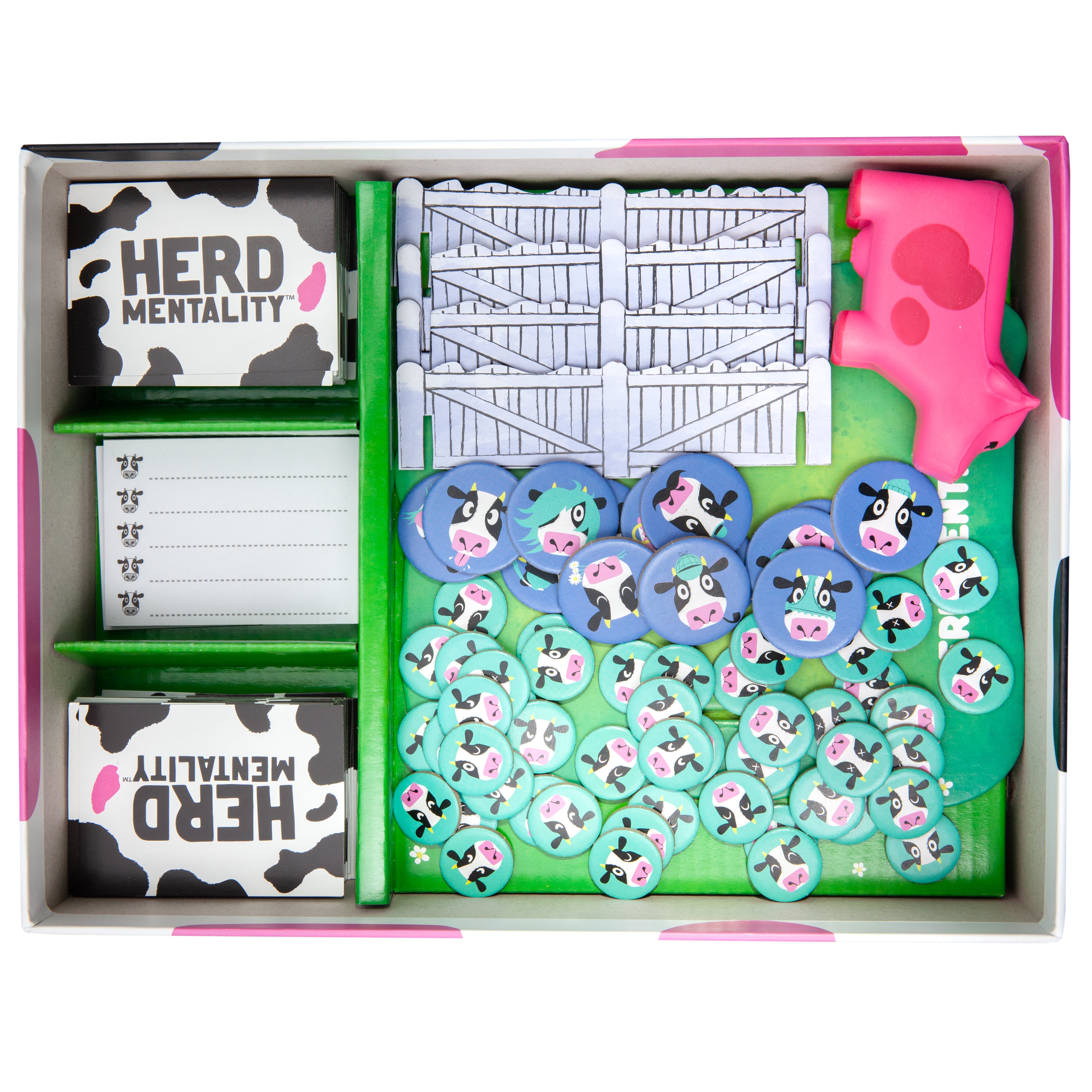 Game set with cow-themed pieces and 'Herd Mentality' branding