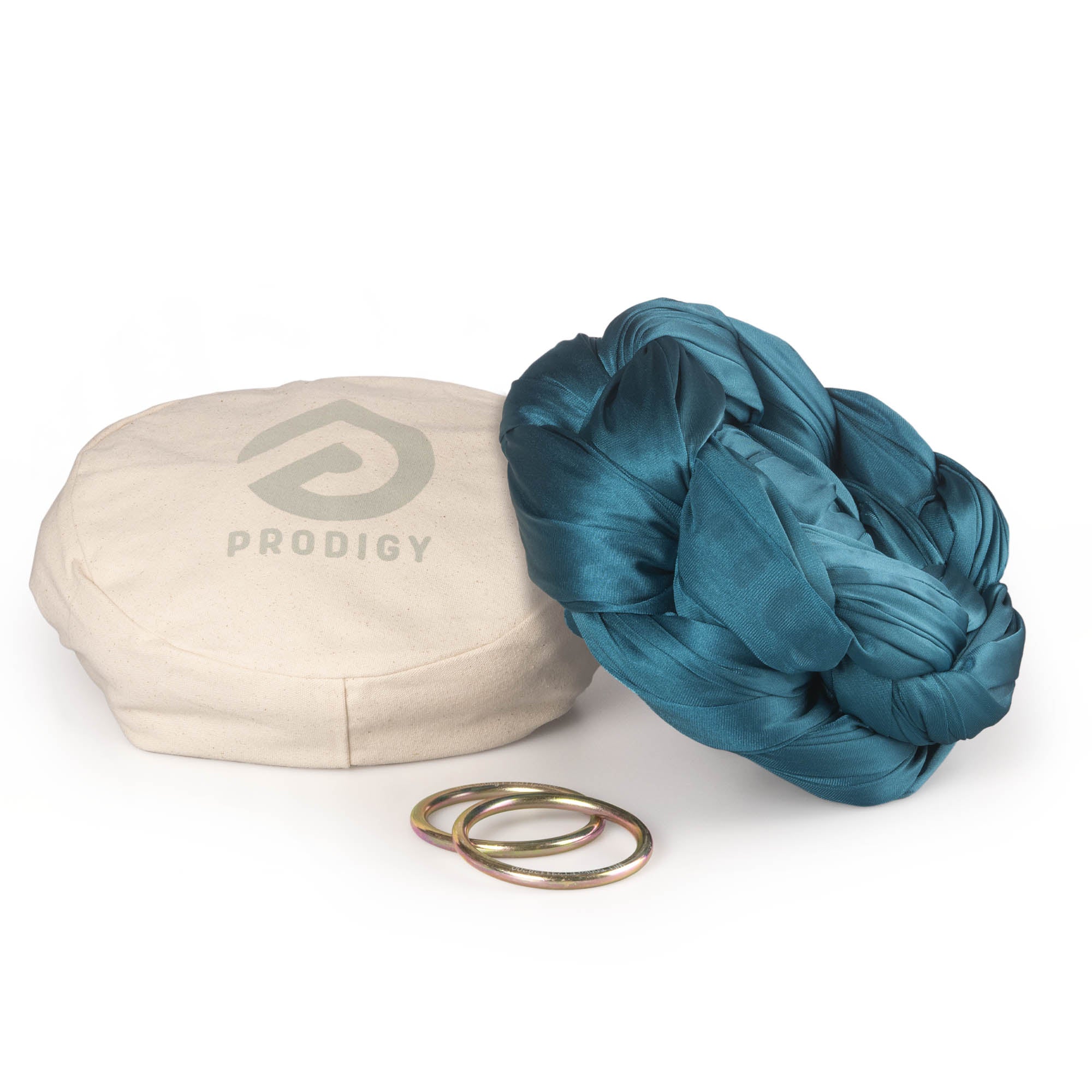 Pine green Aerial Sling resting on eco bag with O-rings laying in front