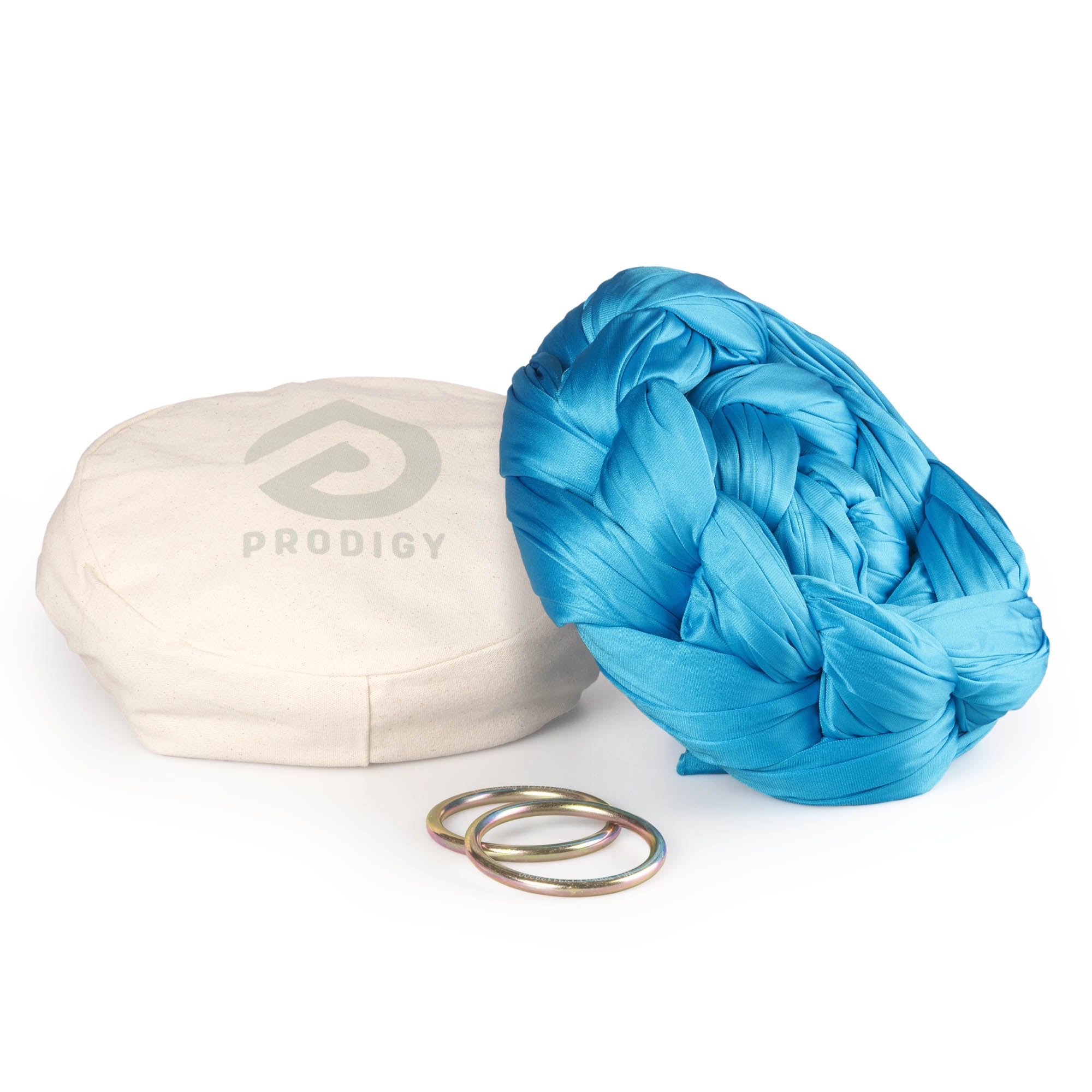 Turquoise Aerial Sling resting on eco bag with O-rings laying in front