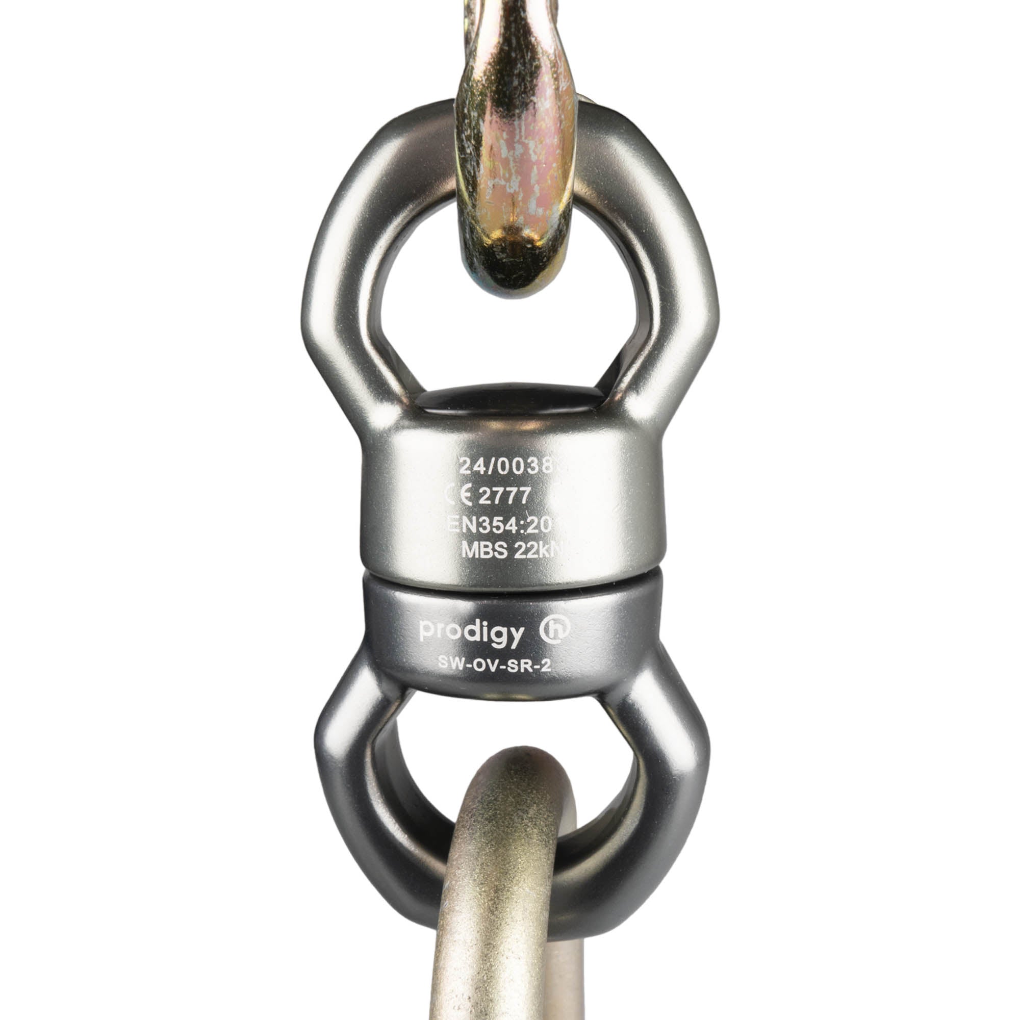 Prodigy SR-2 swivel connected to two carabiners