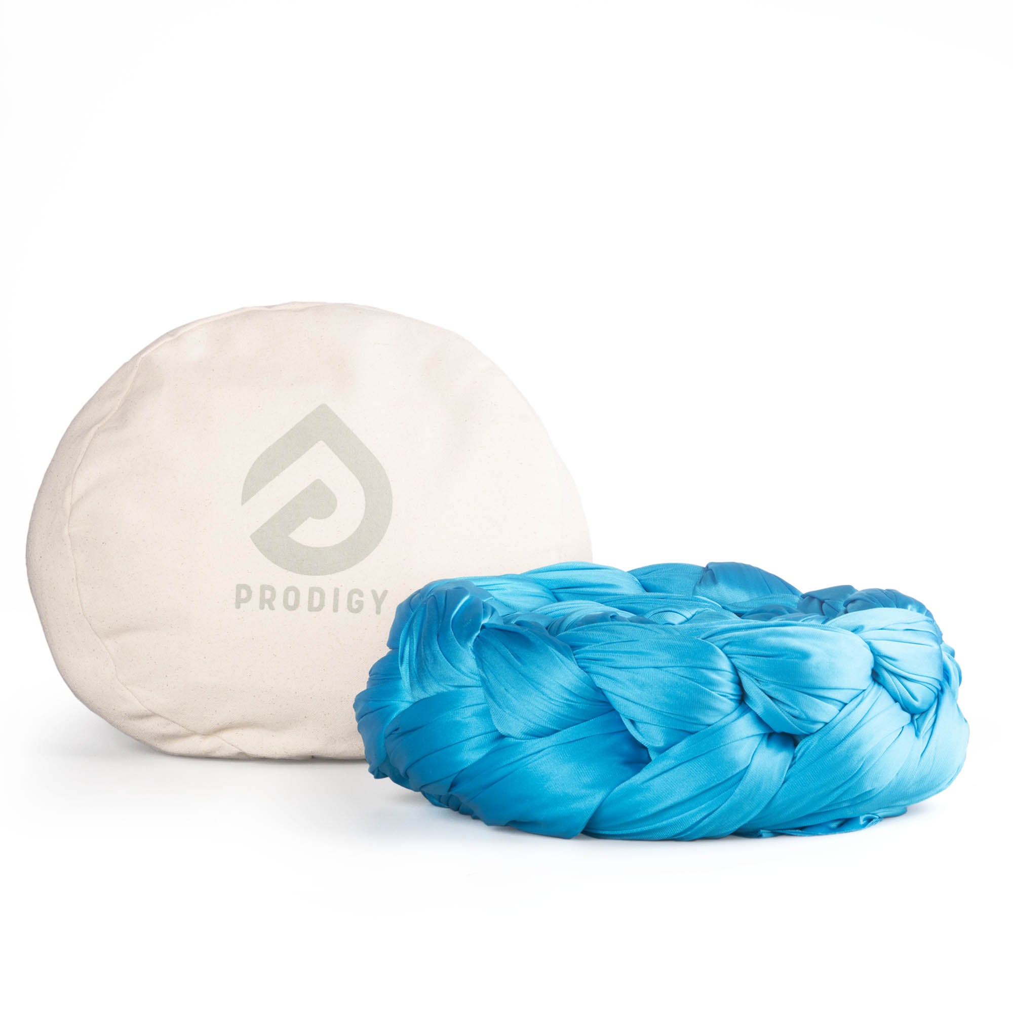 Turquoise aerial silk in front of eco bag