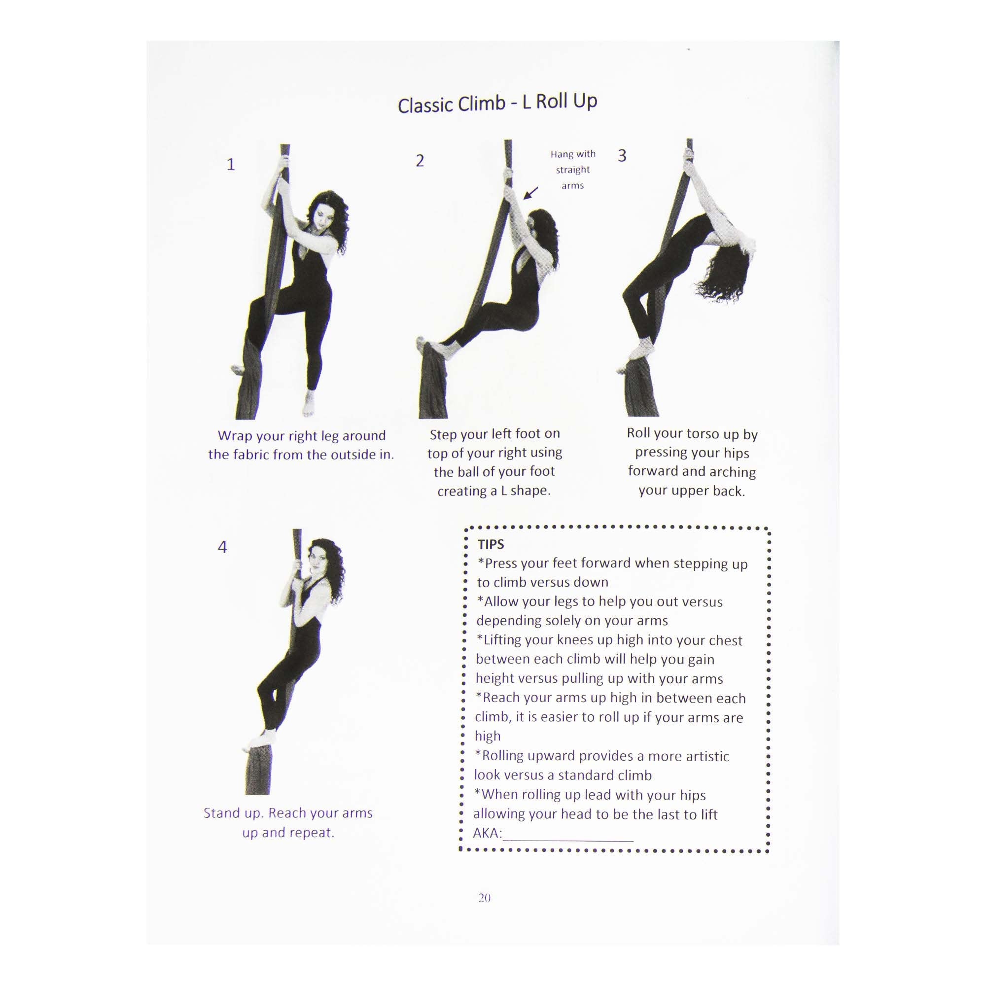 Intermediate Guide to Aerial Silk example page showing a classic climb with black and white photos, text, and tips.