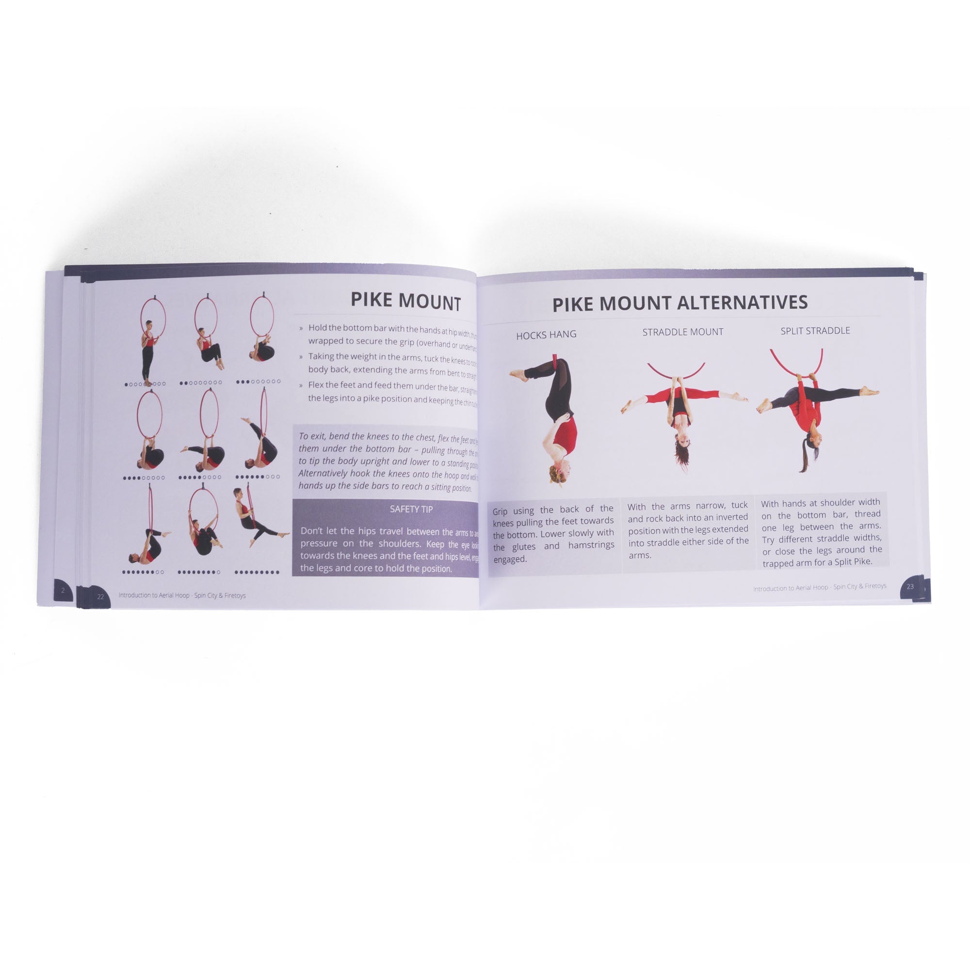 Example pages from Introduction to Aerial Hoop book showing the Pike Mount and Pike Mount Alternatives with pictures and words