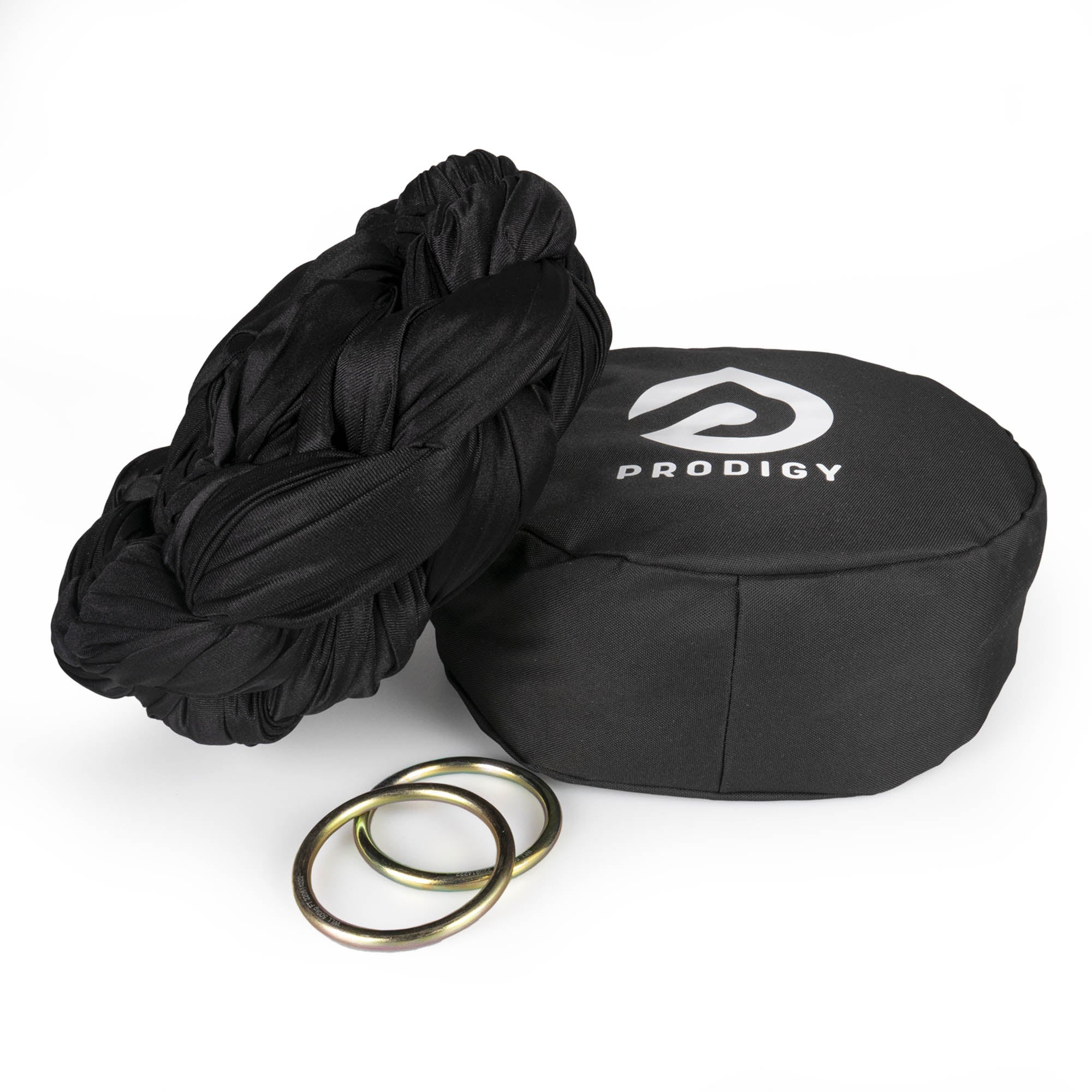 Prodigy 6m black aerial yoga hammock resting on hammock bag with the rings