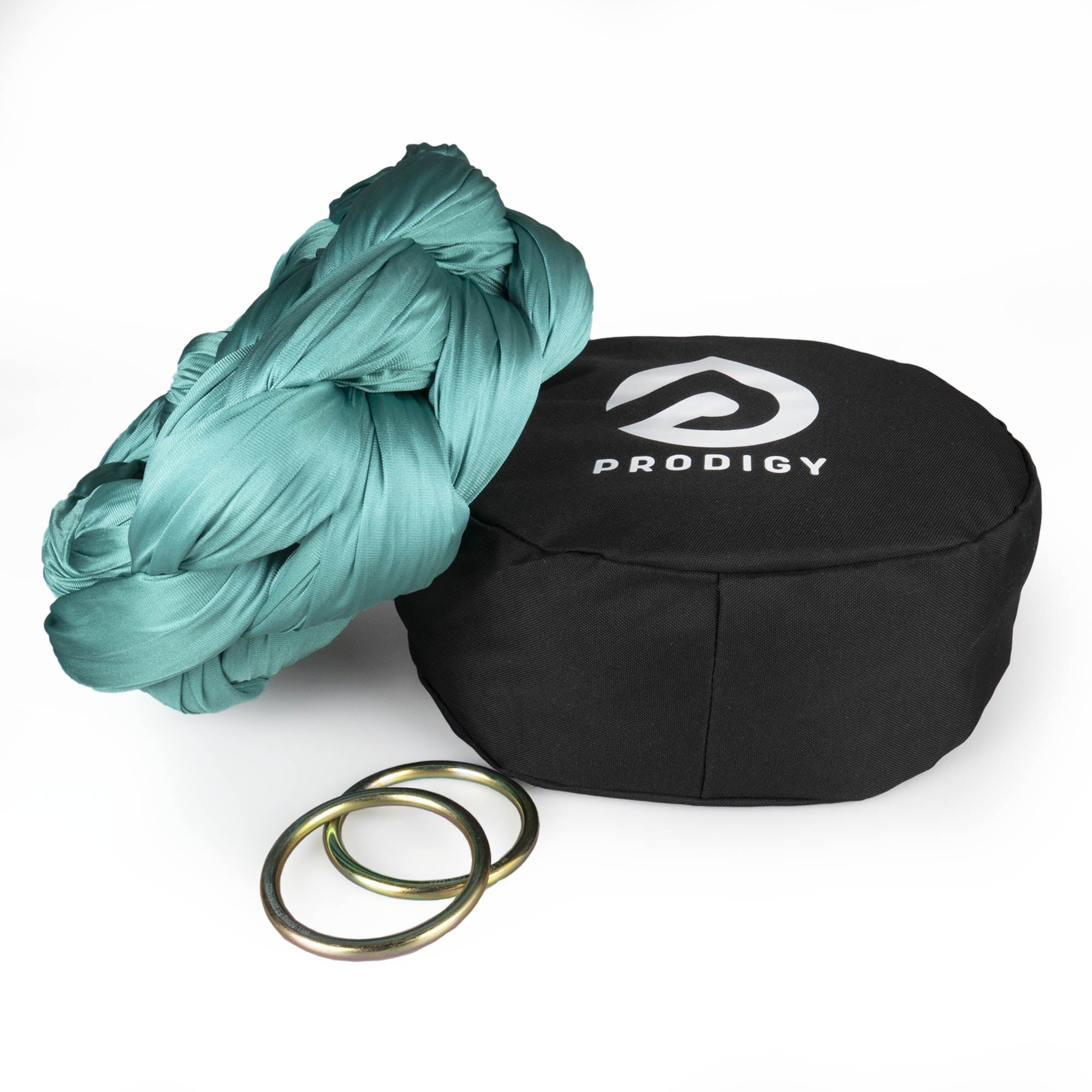 Prodigy 6m jade aerial yoga hammock resting on hammock bag with the rings