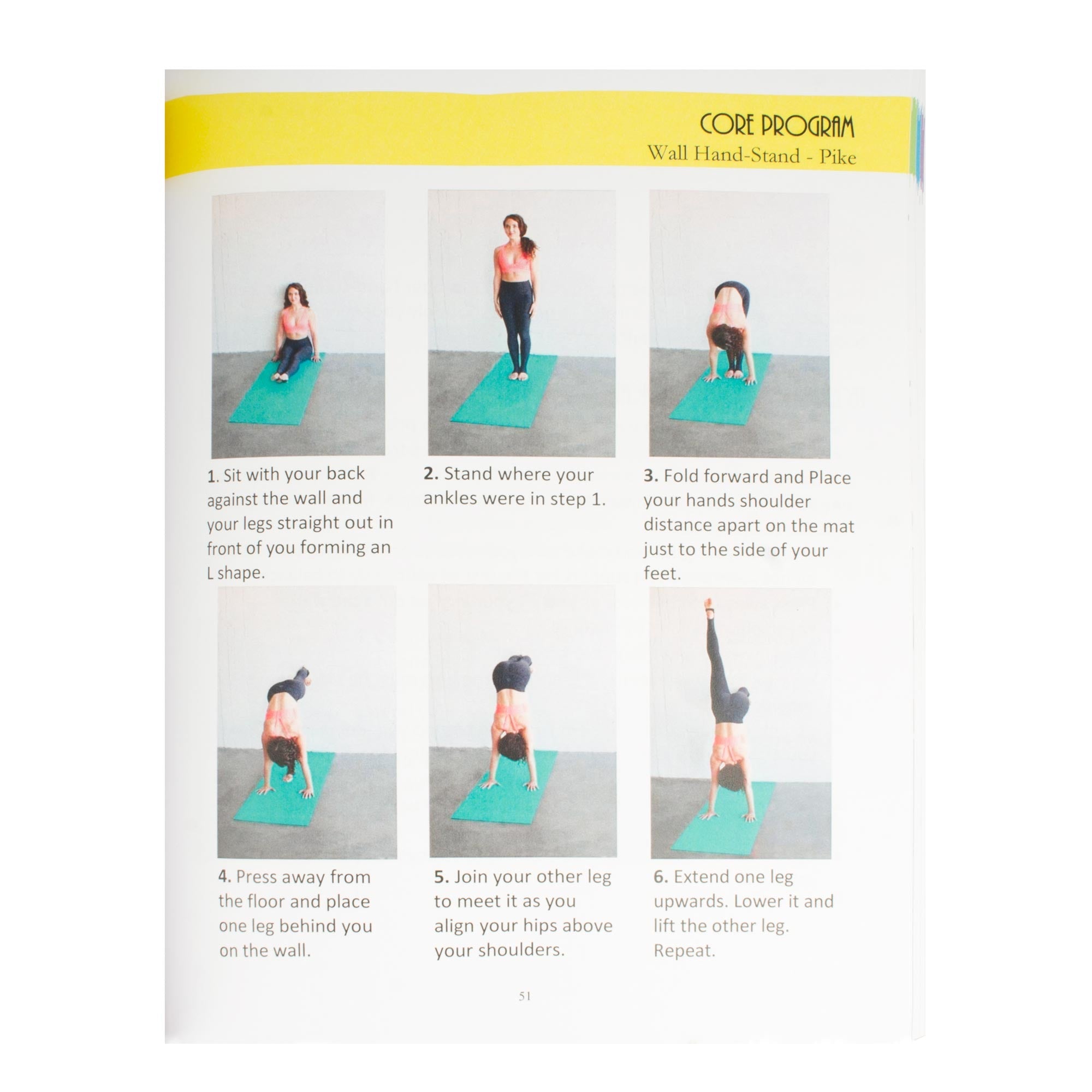 Aerial Physique FIT example page showing Wall handstand pike with photos and text
