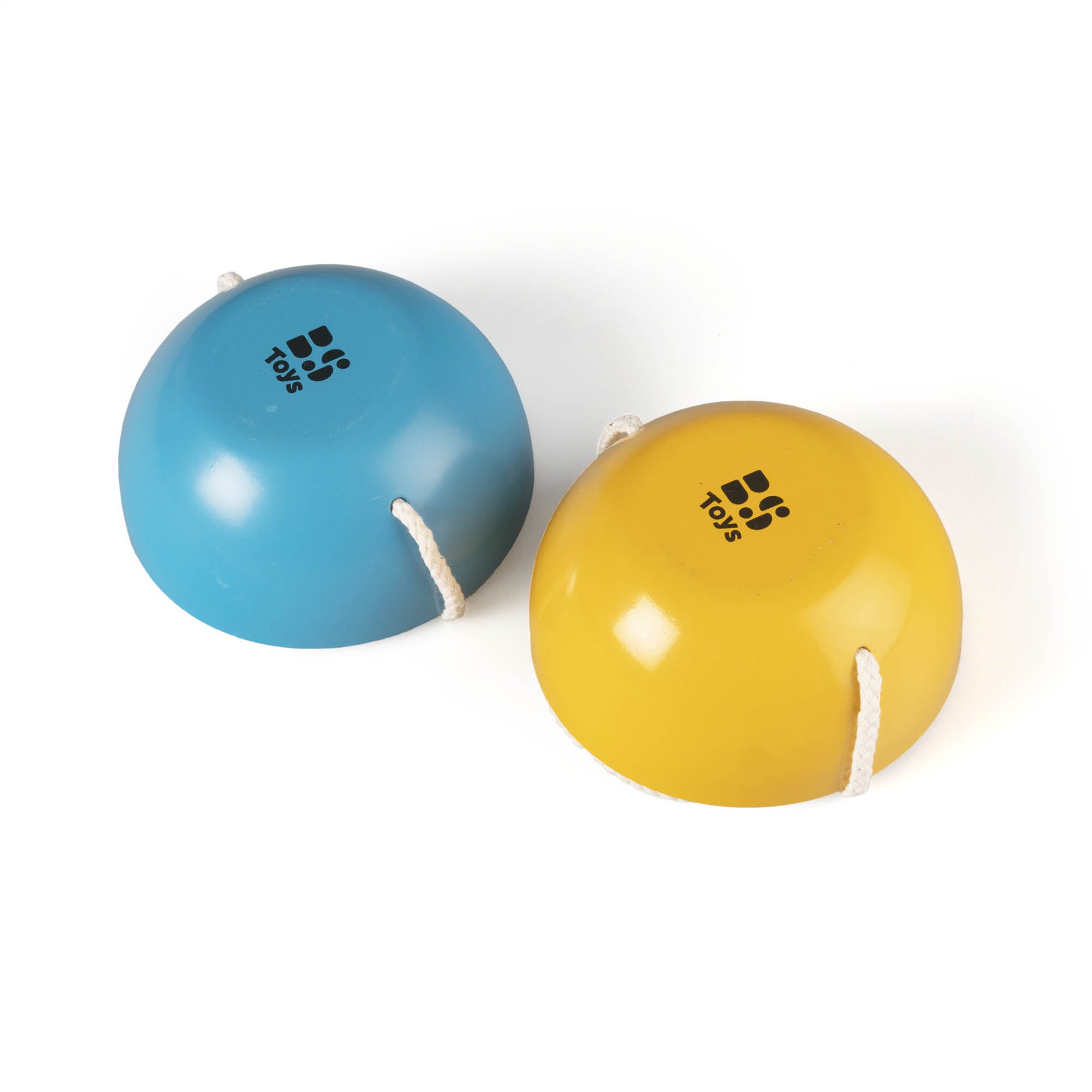 Pair of wooden walking bobbins on a white background