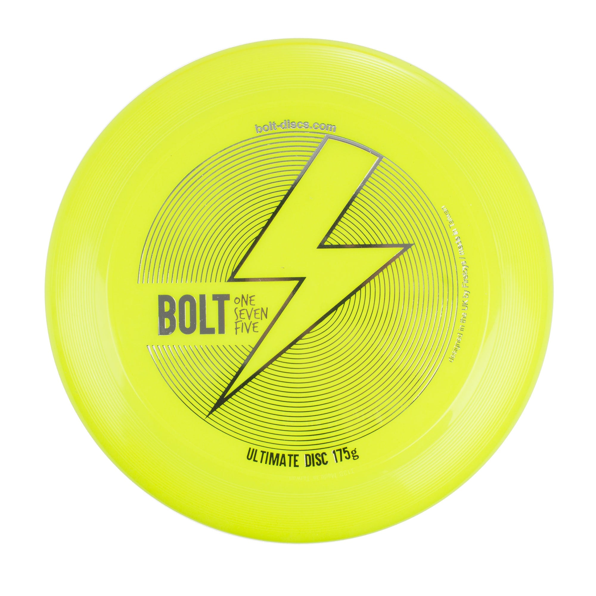 Yellow BOLT frisbee from a front angle