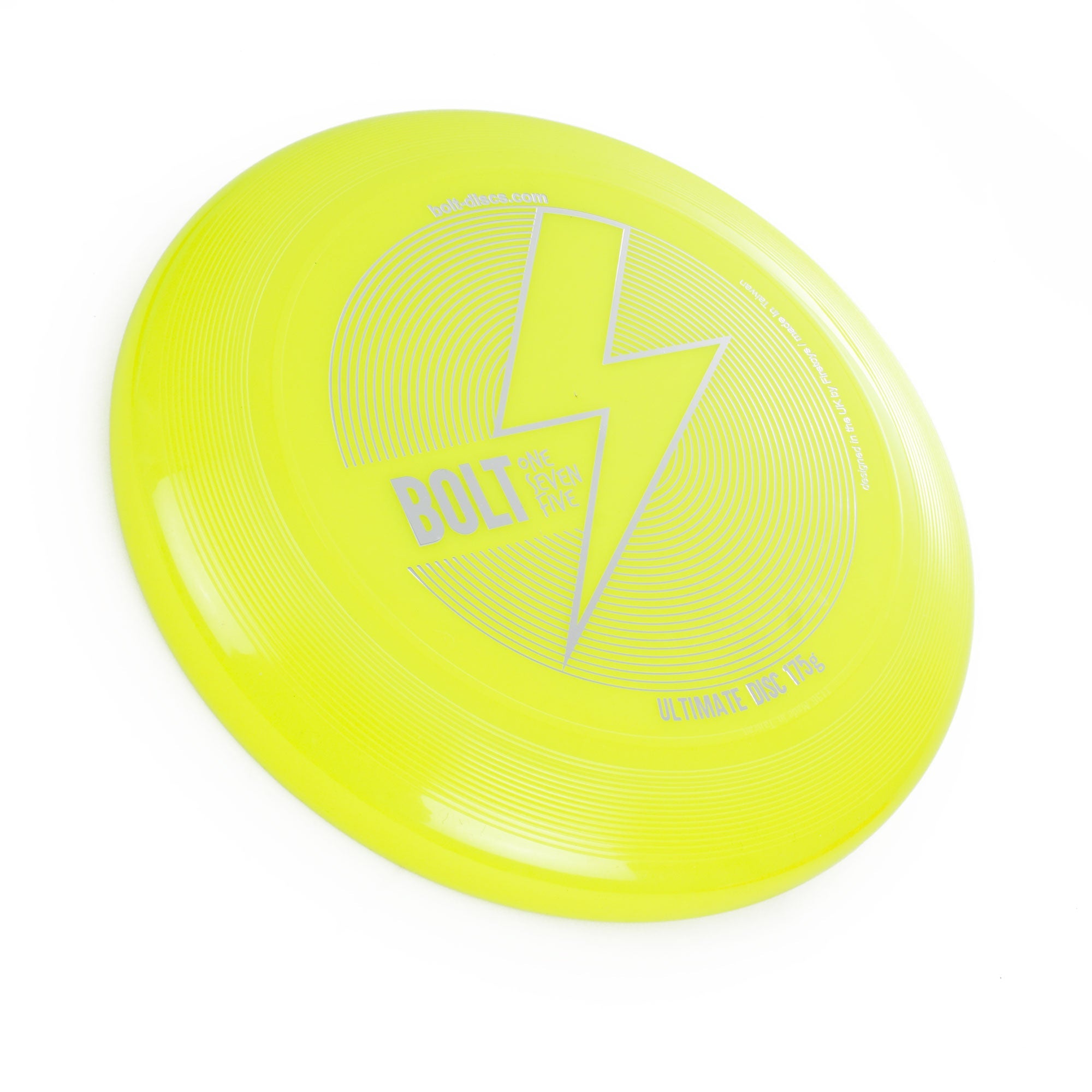 Yellow BOLT frisbee at an angle