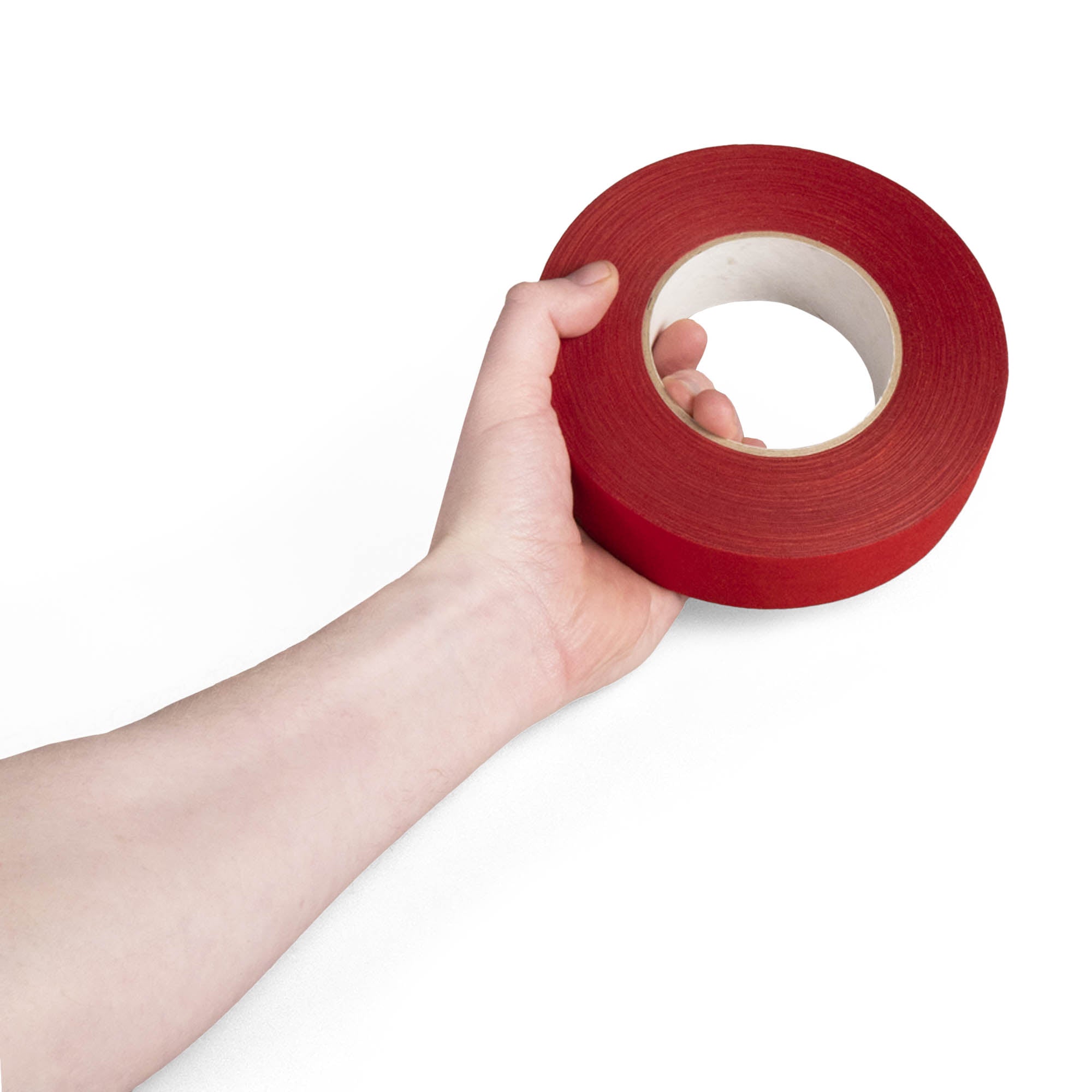 red 3.8cm wide tape in hand