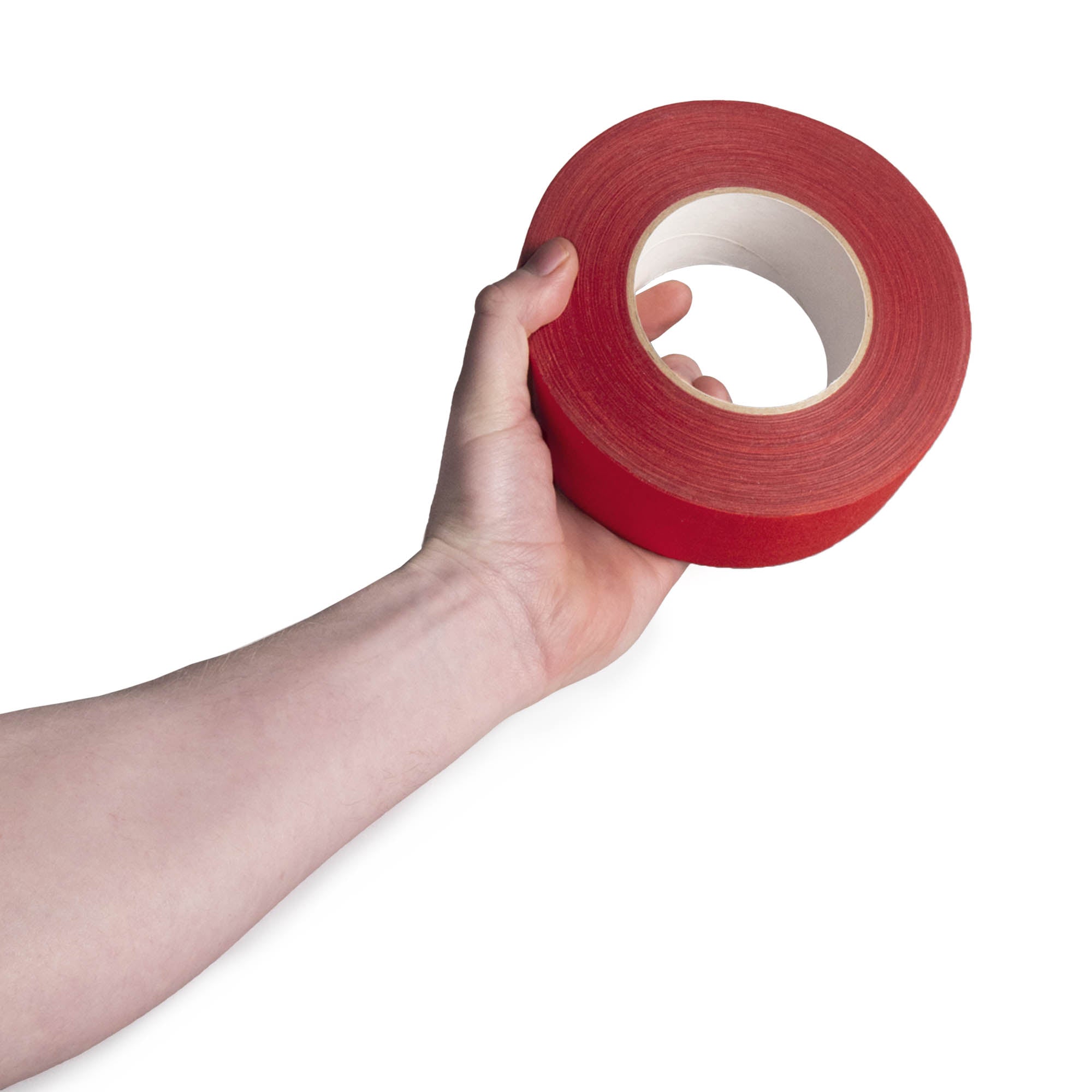 red 5cm wide tape in hand