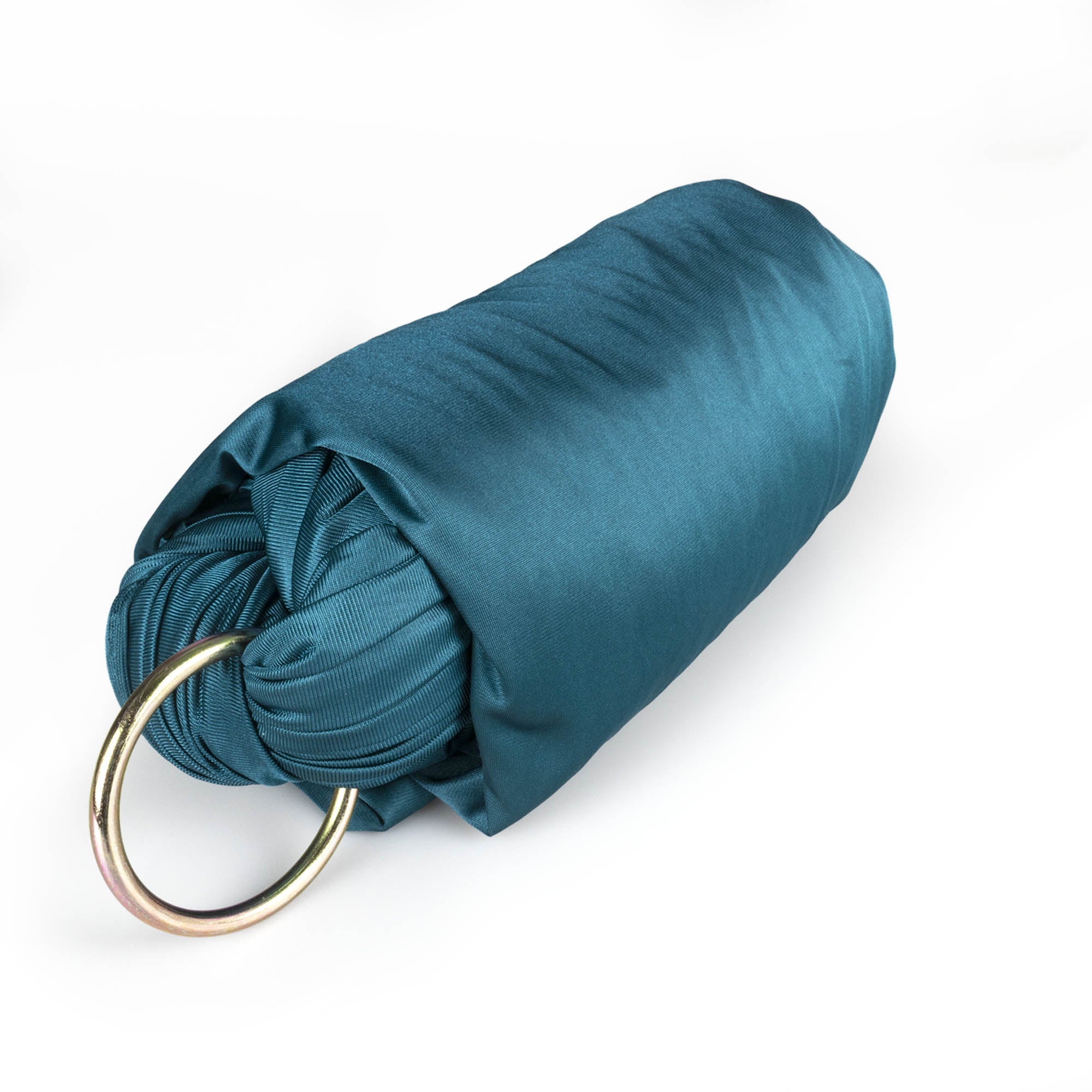 Pine green yoga hammock rolled up with rings attached