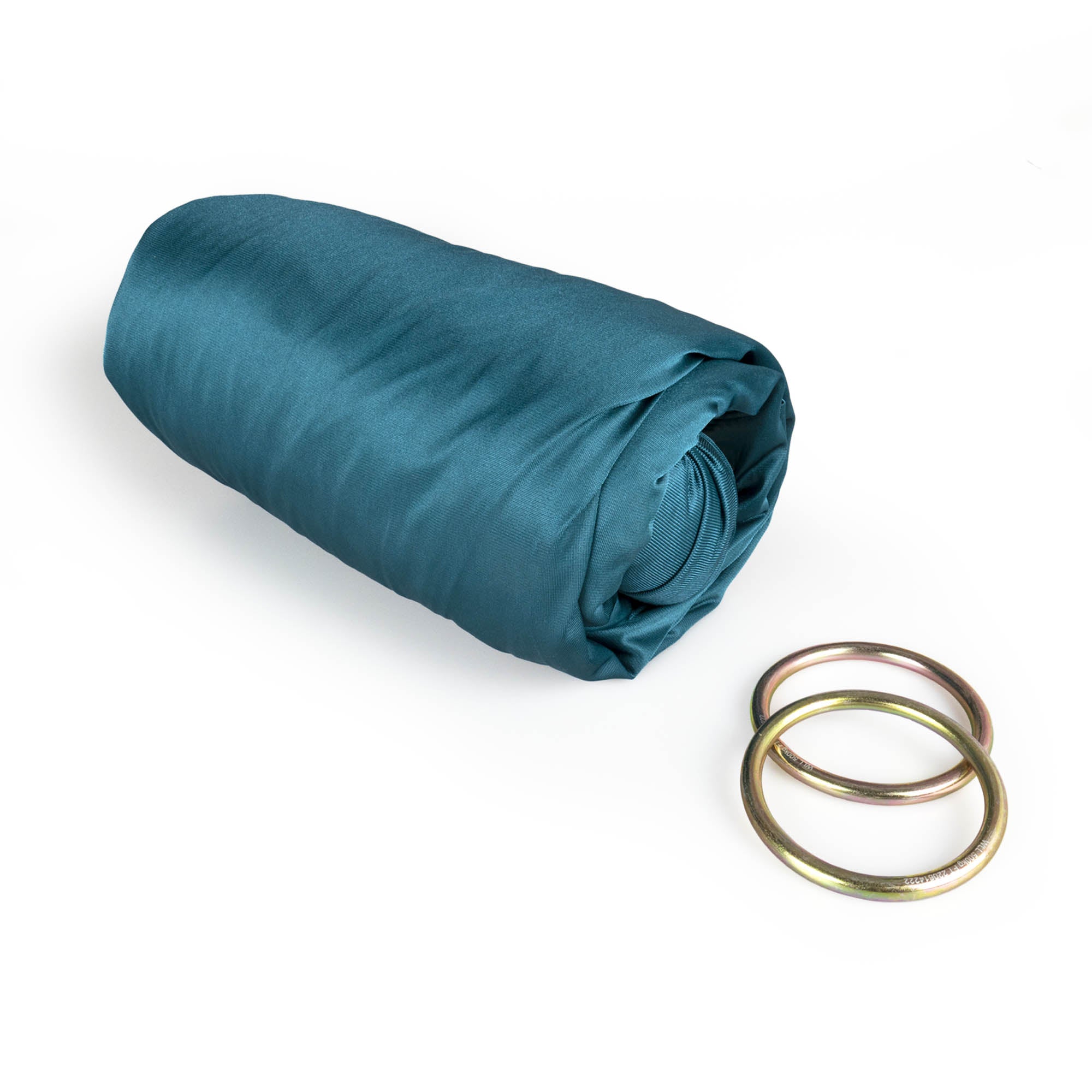 Pine green yoga hammock rolled up with rings detached
