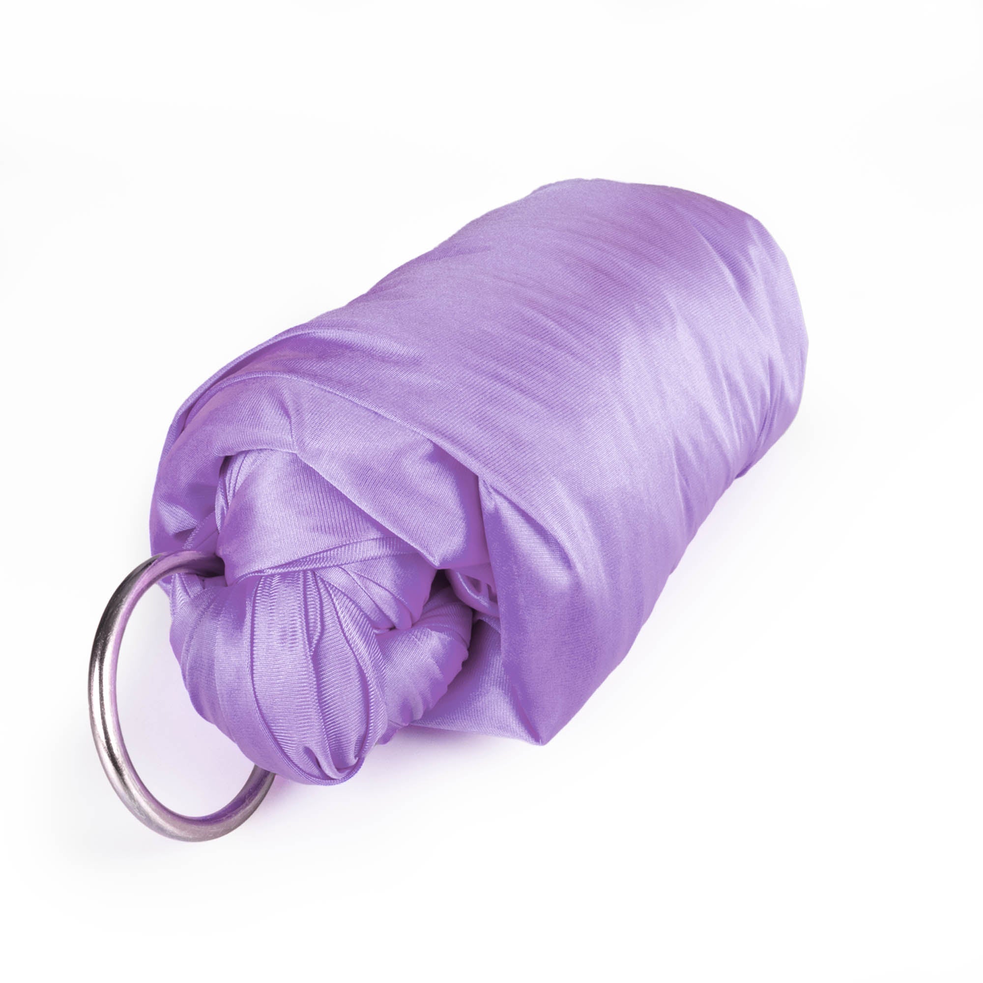 Lavender yoga hammock rolled up with rings attached