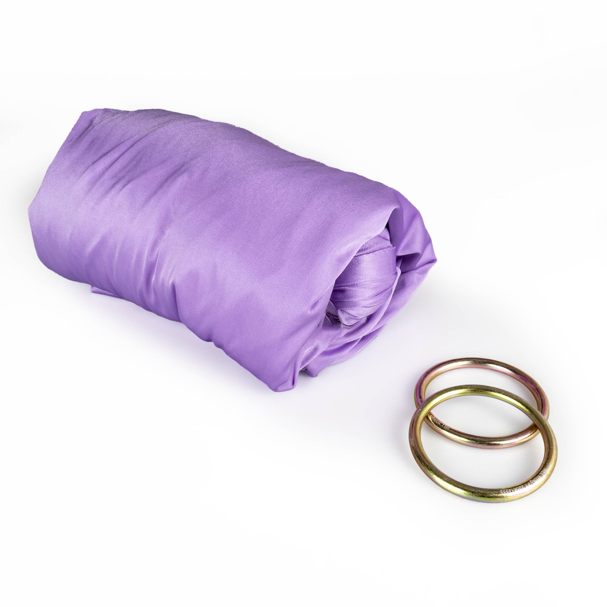 Lavender yoga hammock rolled up with rings detached