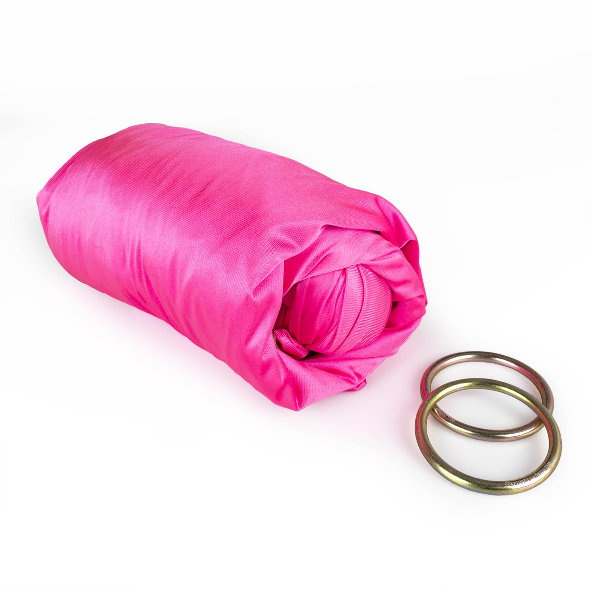 Pink yoga hammock rolled up with rings detached