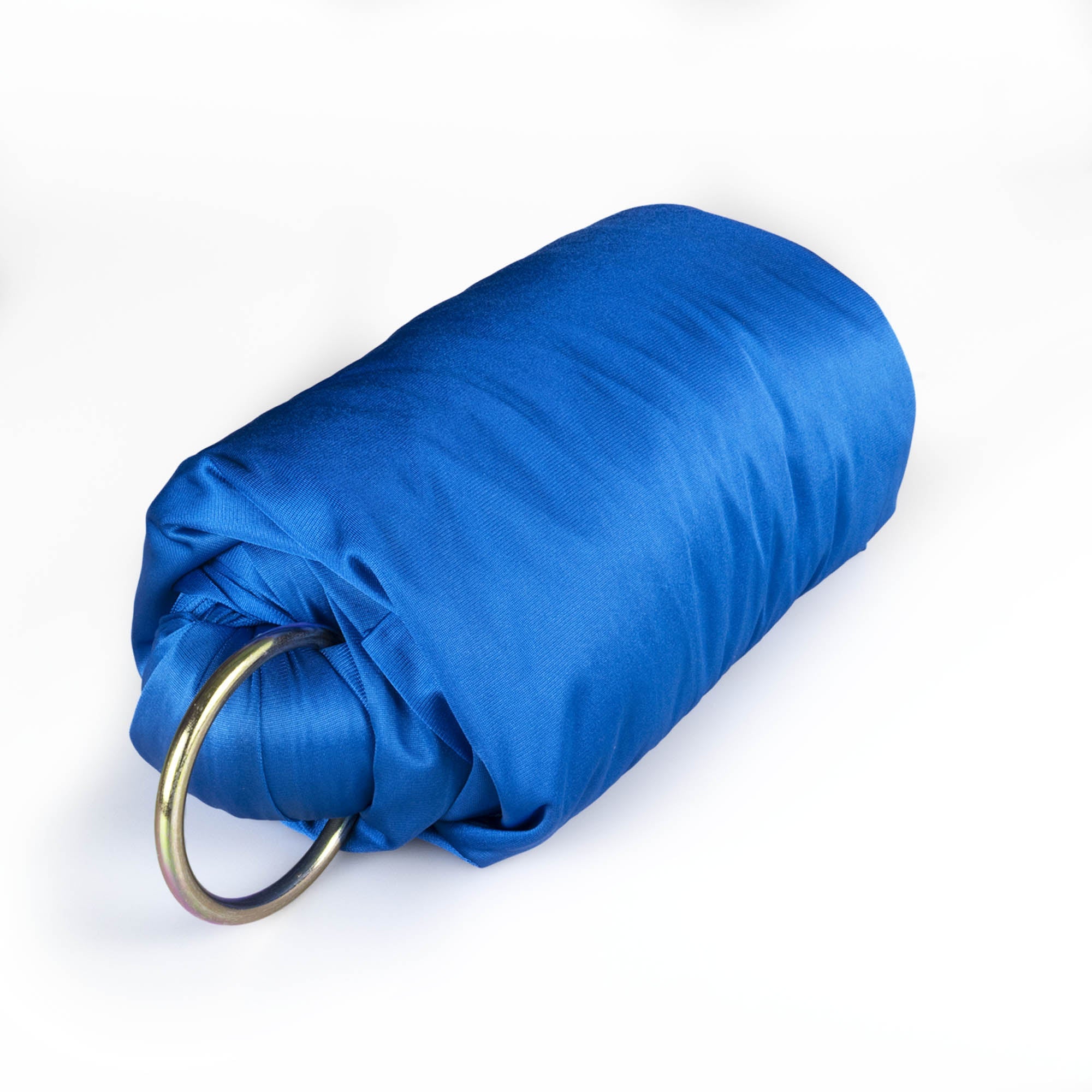 Royal blue yoga hammock rolled up with rings attached