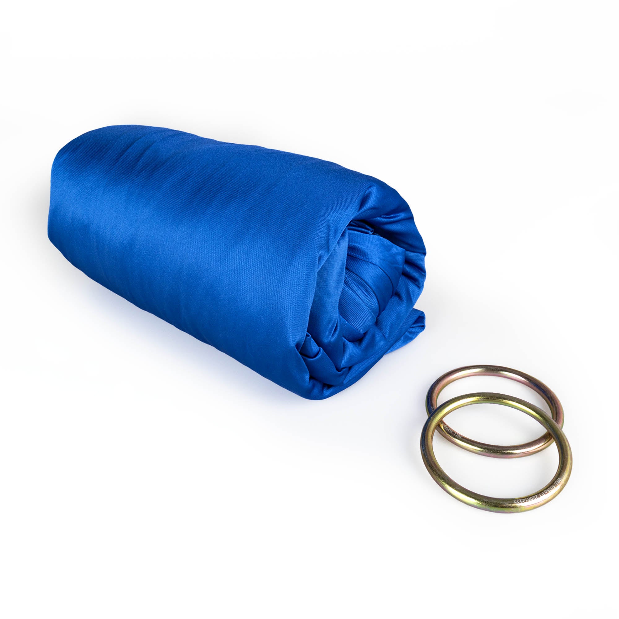 Blue yoga hammock rolled up with rings detached