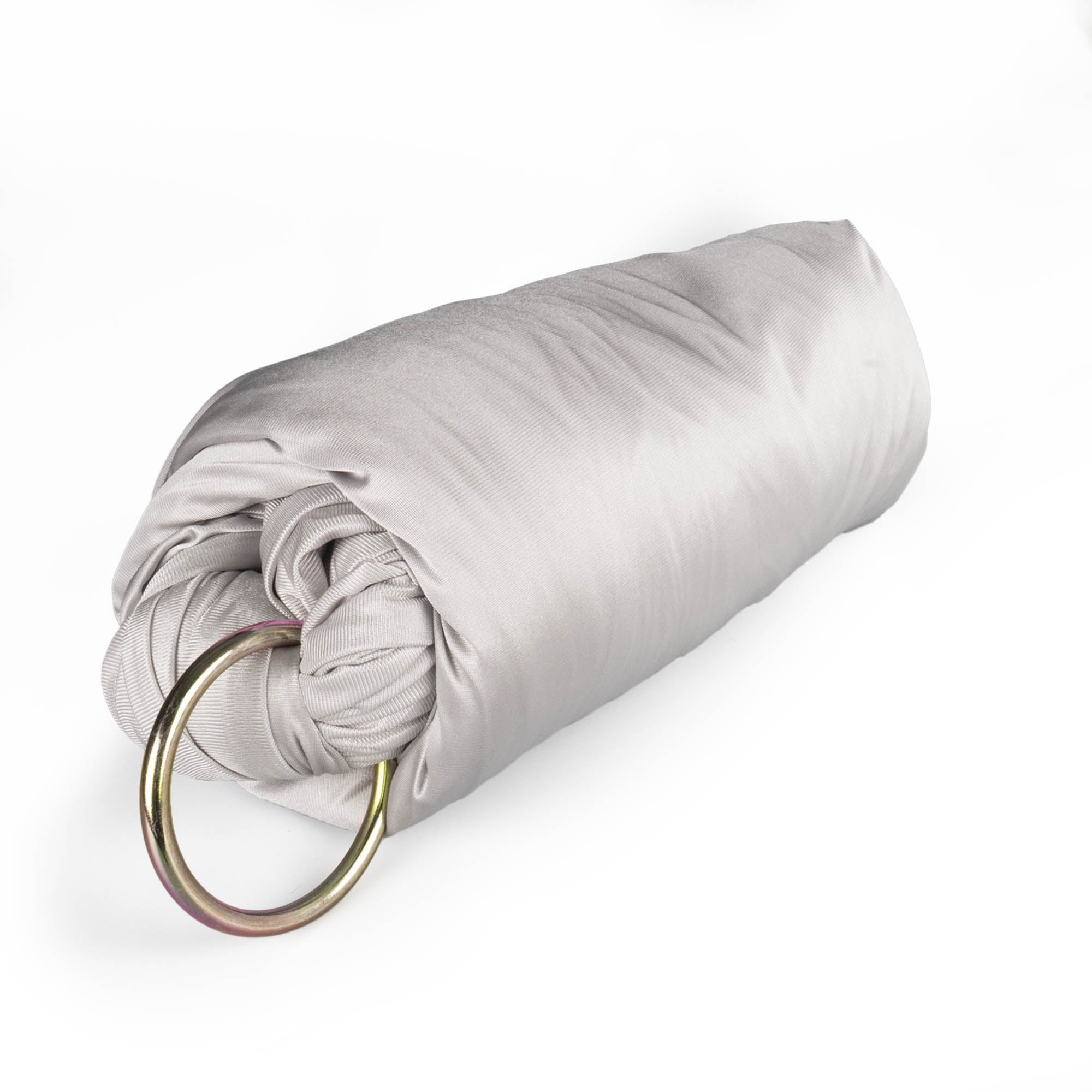 Silver yoga hammock rolled up with rings attached
