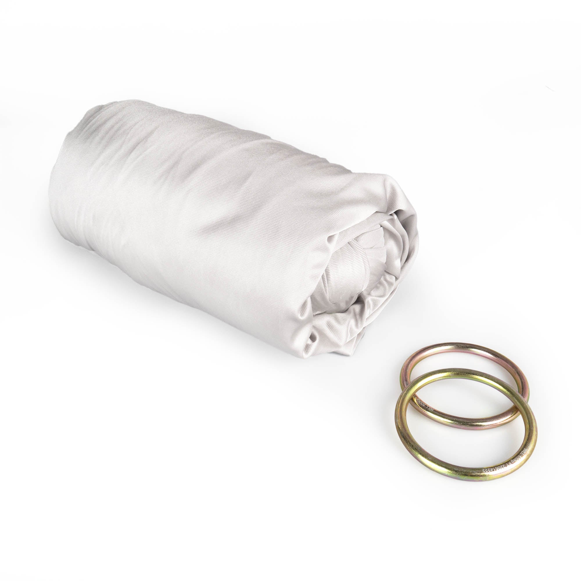 Silver yoga hammock rolled up with rings detached
