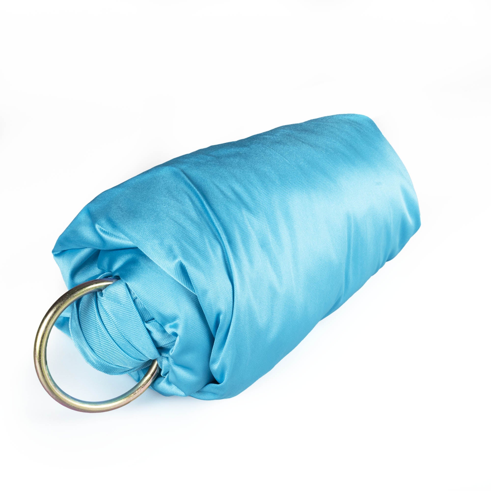 Turquoise yoga hammock rolled up with rings attached