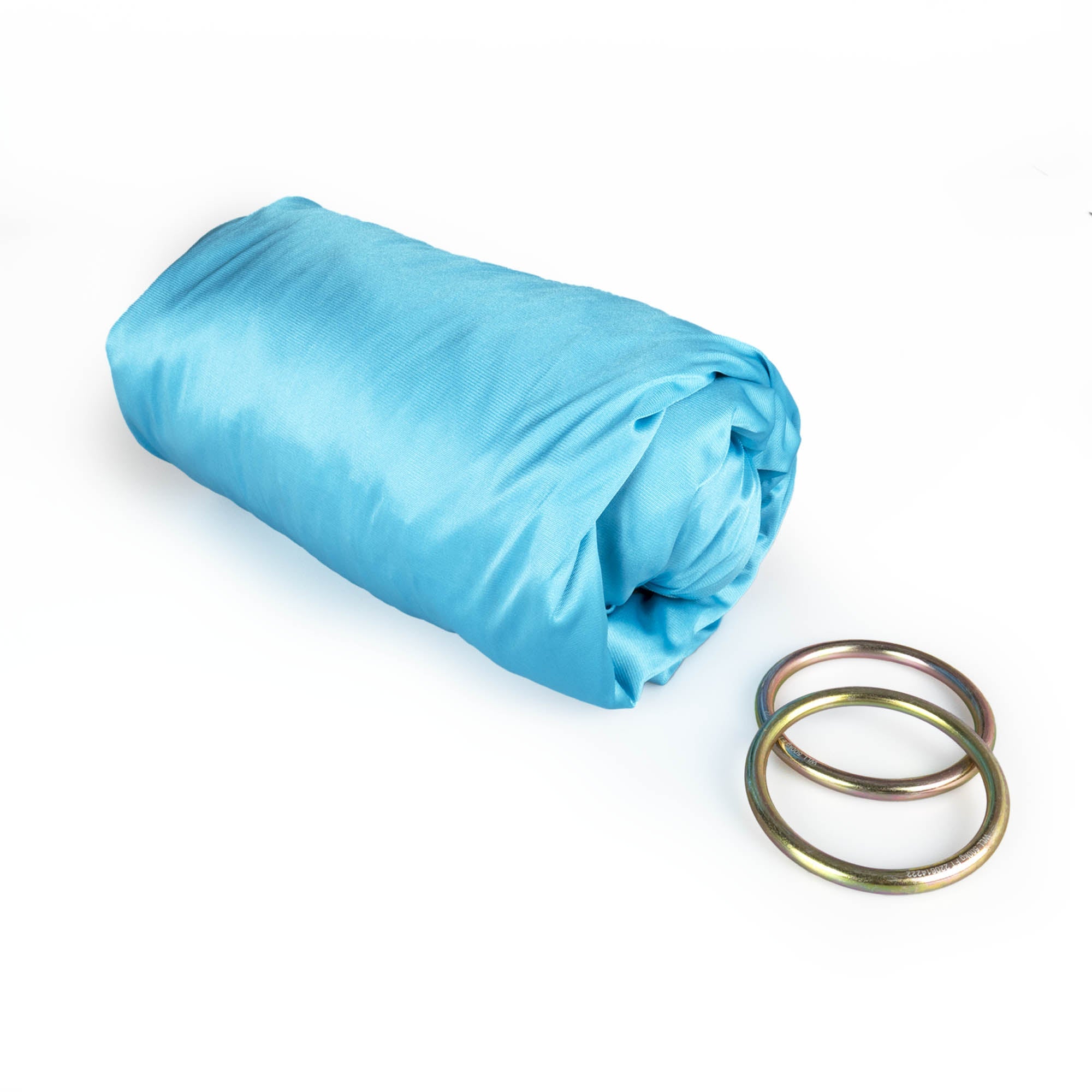 Turquoise yoga hammock rolled up with rings detached