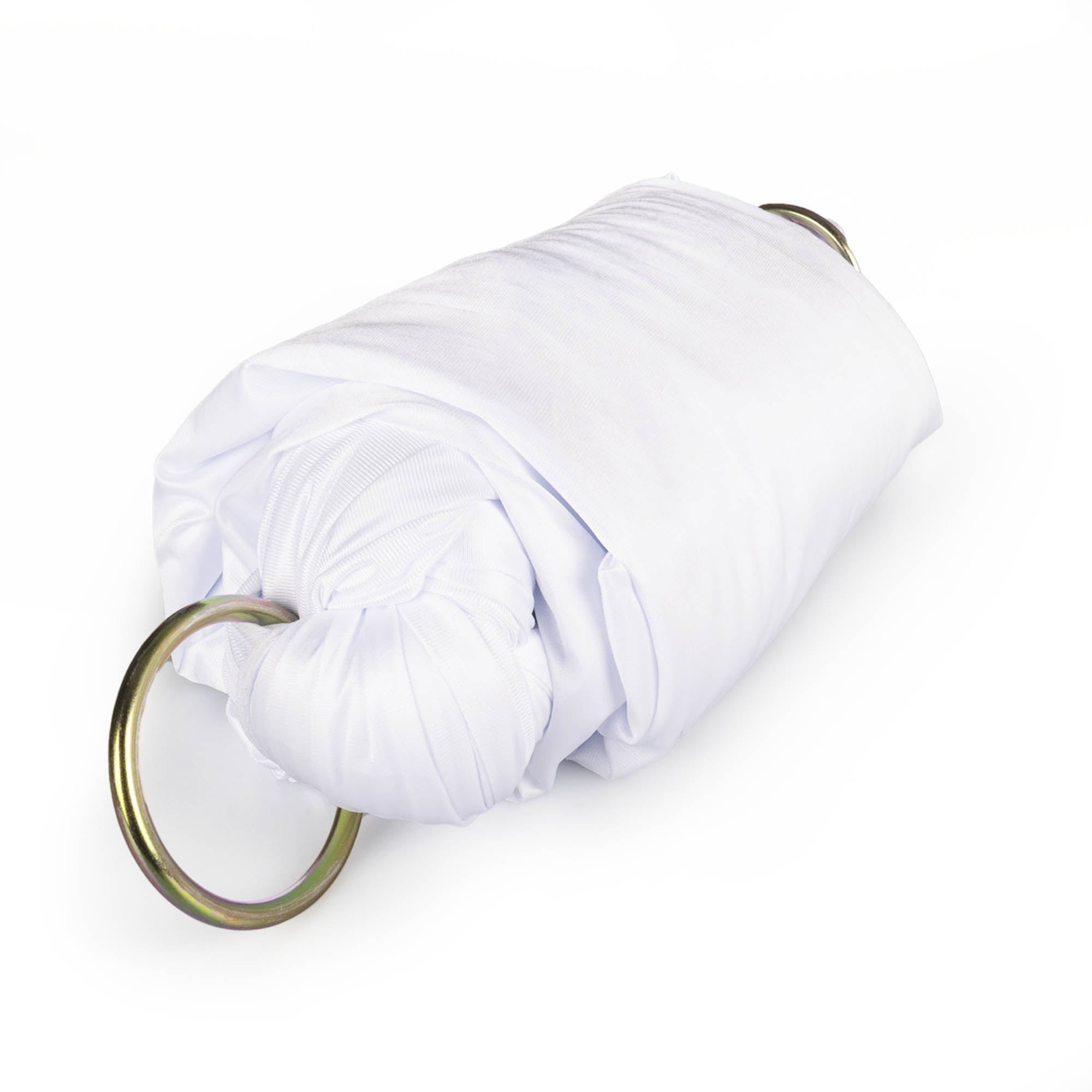 White yoga hammock rolled up with rings attached