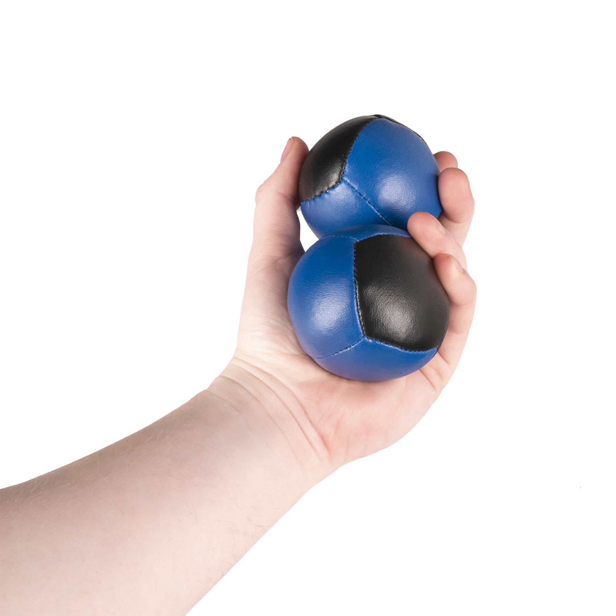 Firetoys two blue/black 110g thud juggling balls in hand