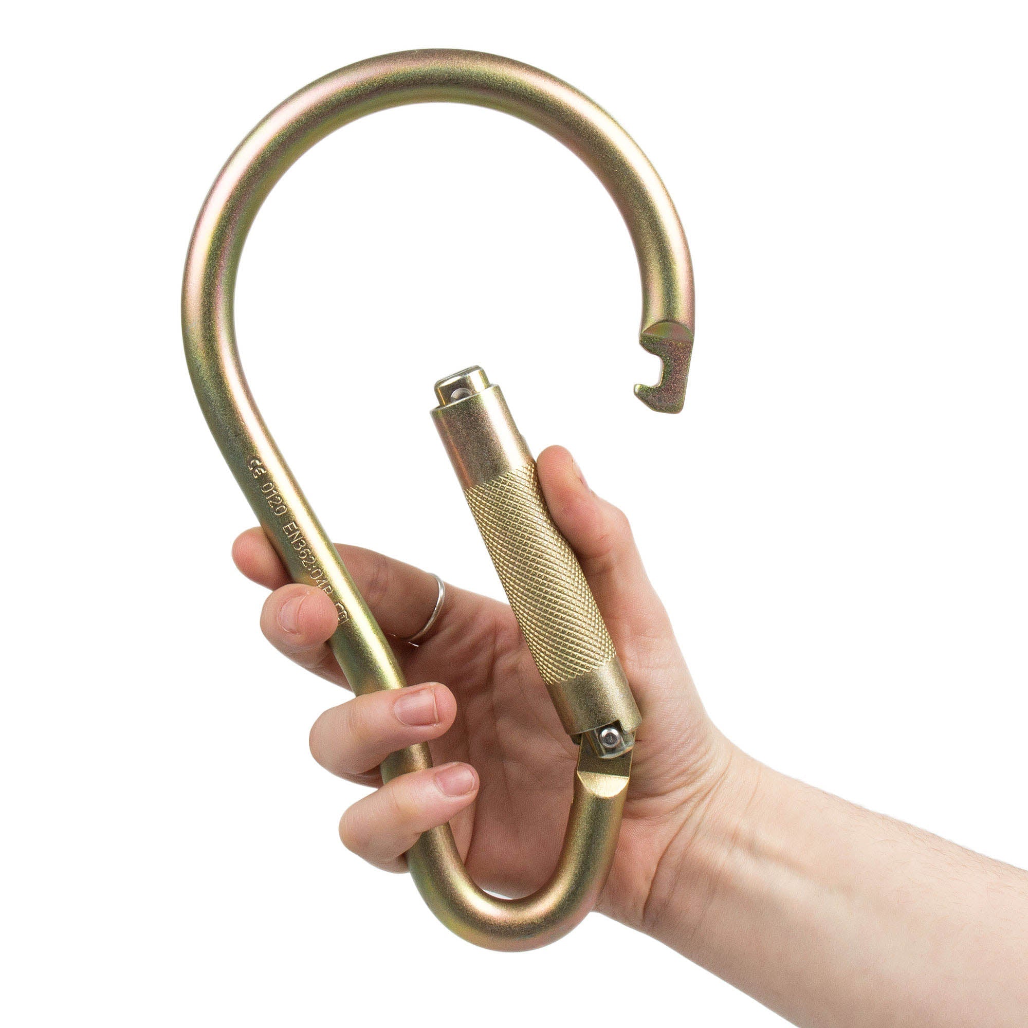 Large pear shaped carabiner with gate held open