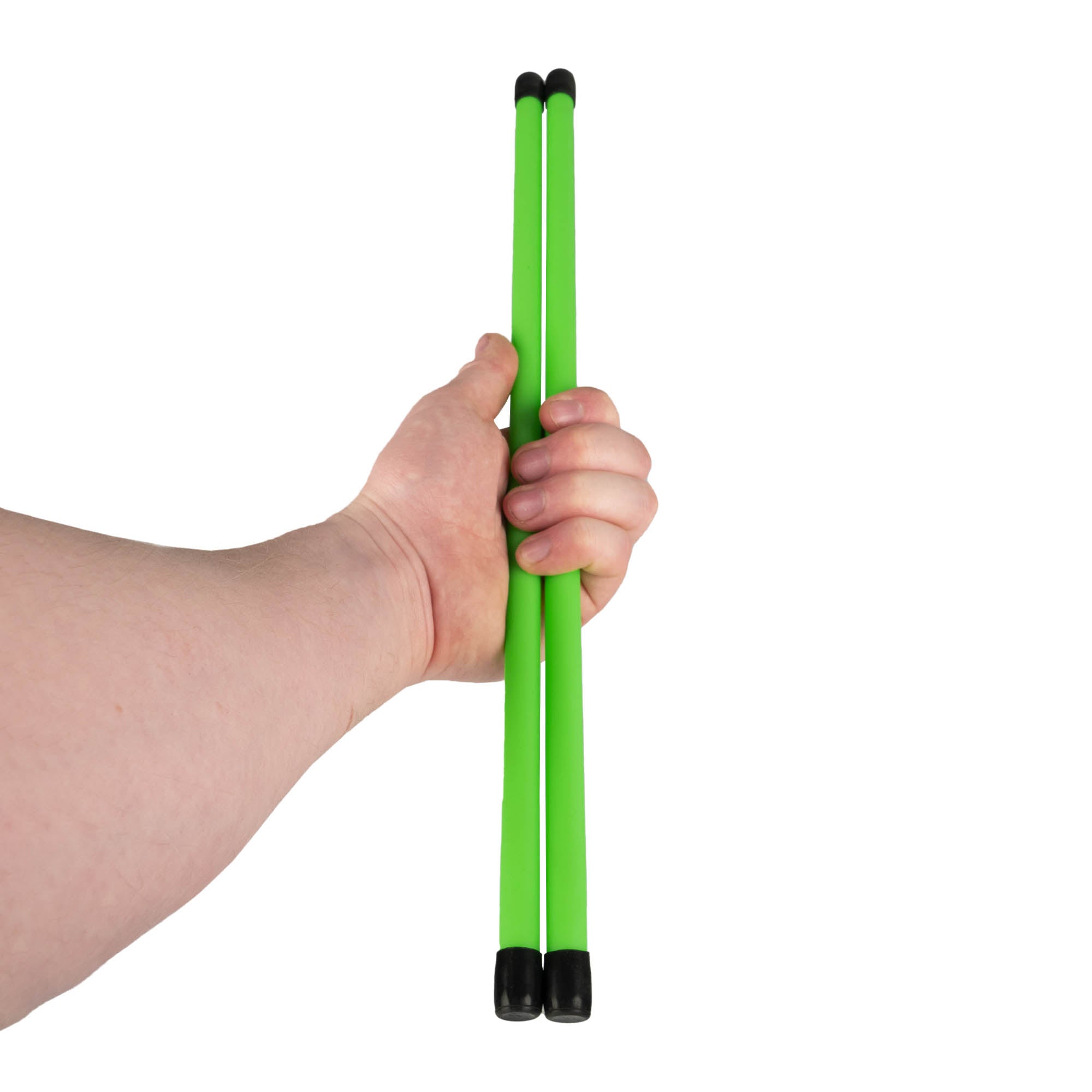 Pair of green devilstick handsticks in hand