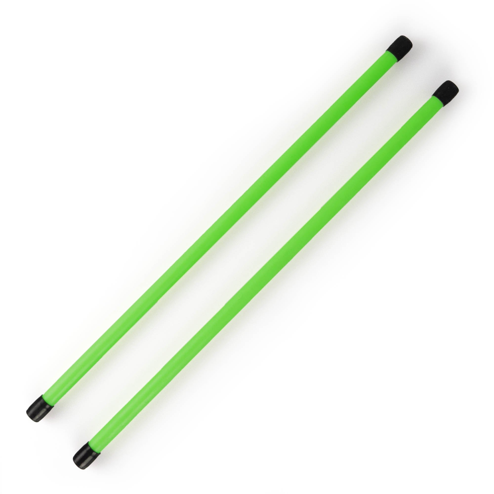 A pair of green devilstick handsticks with black caps on each end