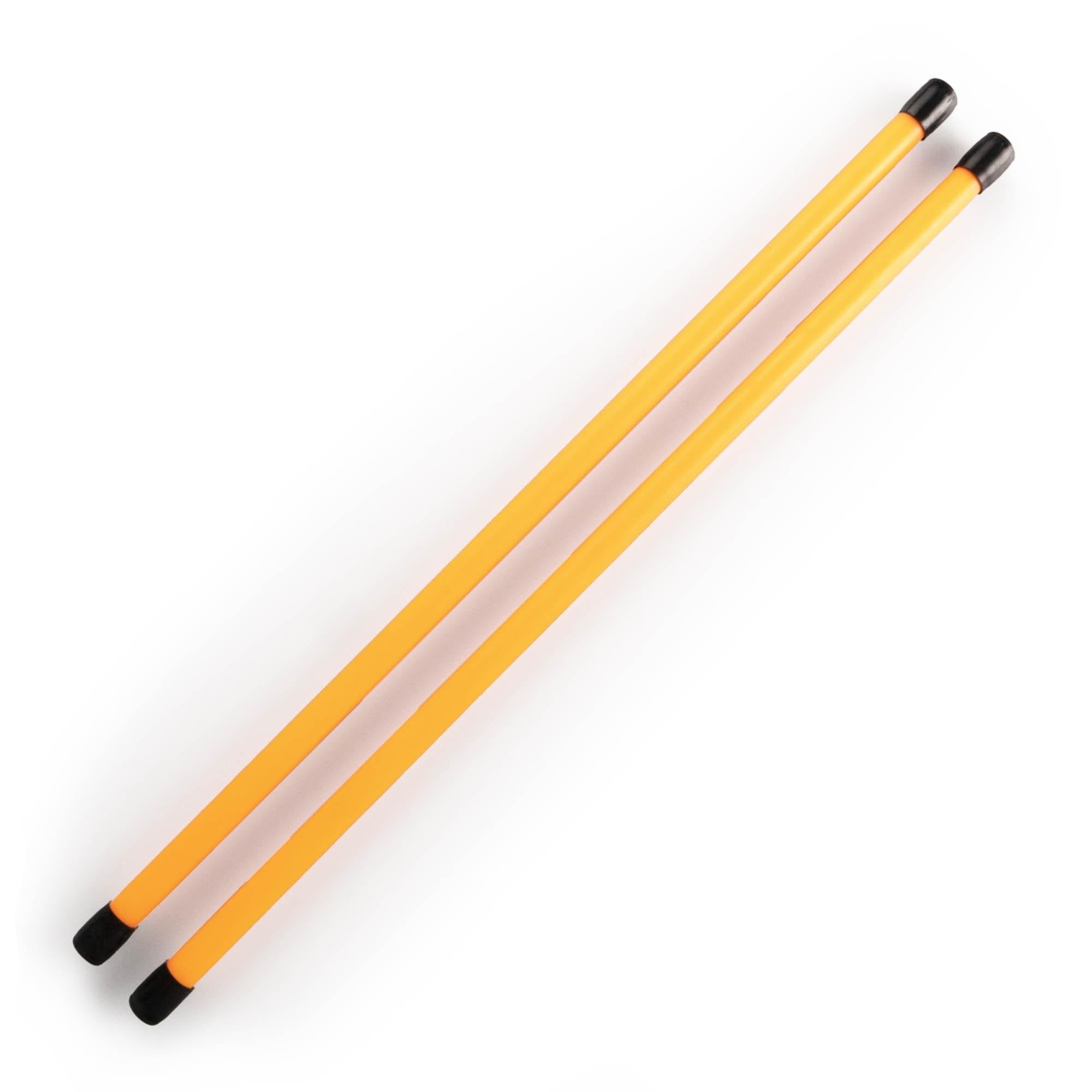 A pair of orange devilstick handsticks with black caps on each end