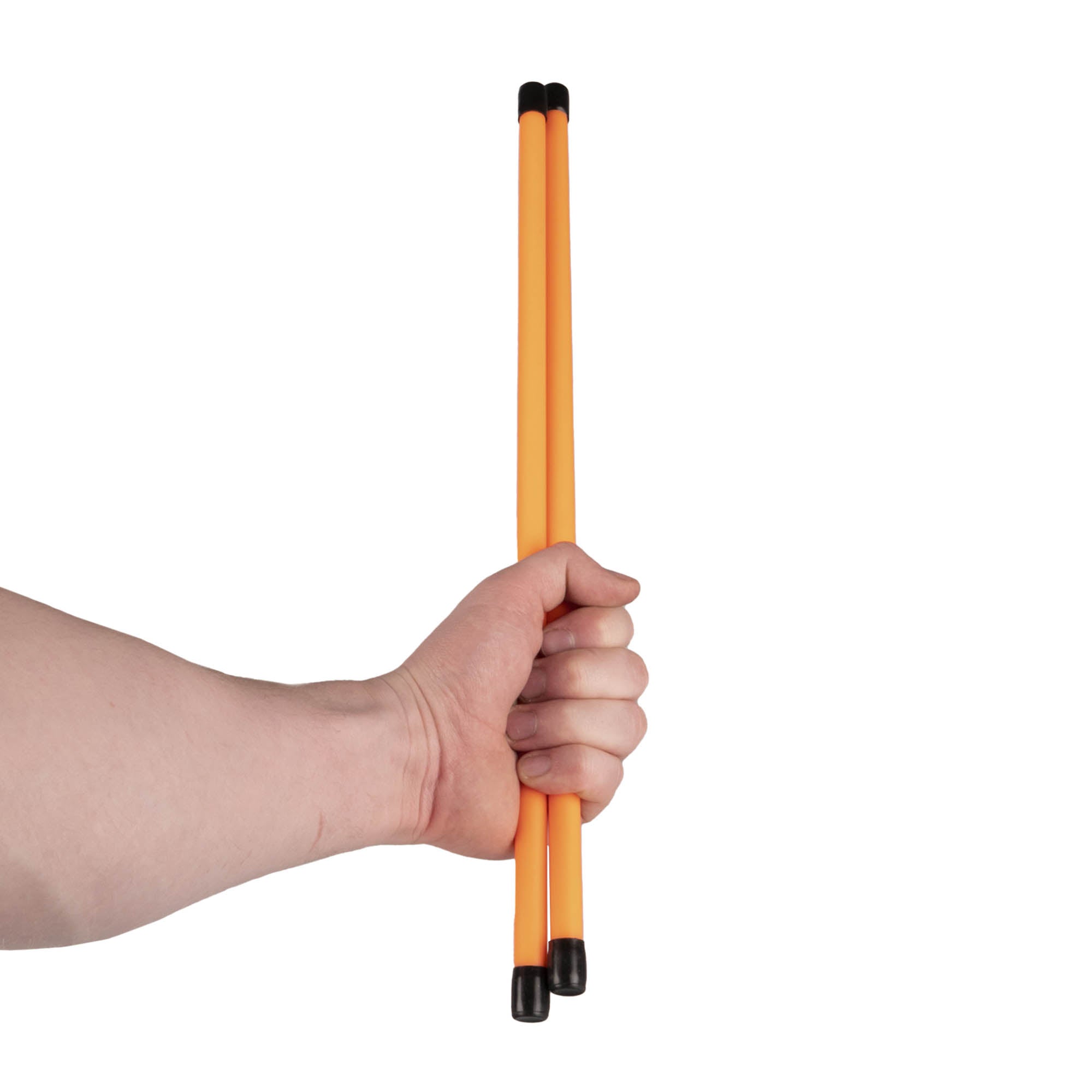 Pair of orange devilstick handsticks in hand