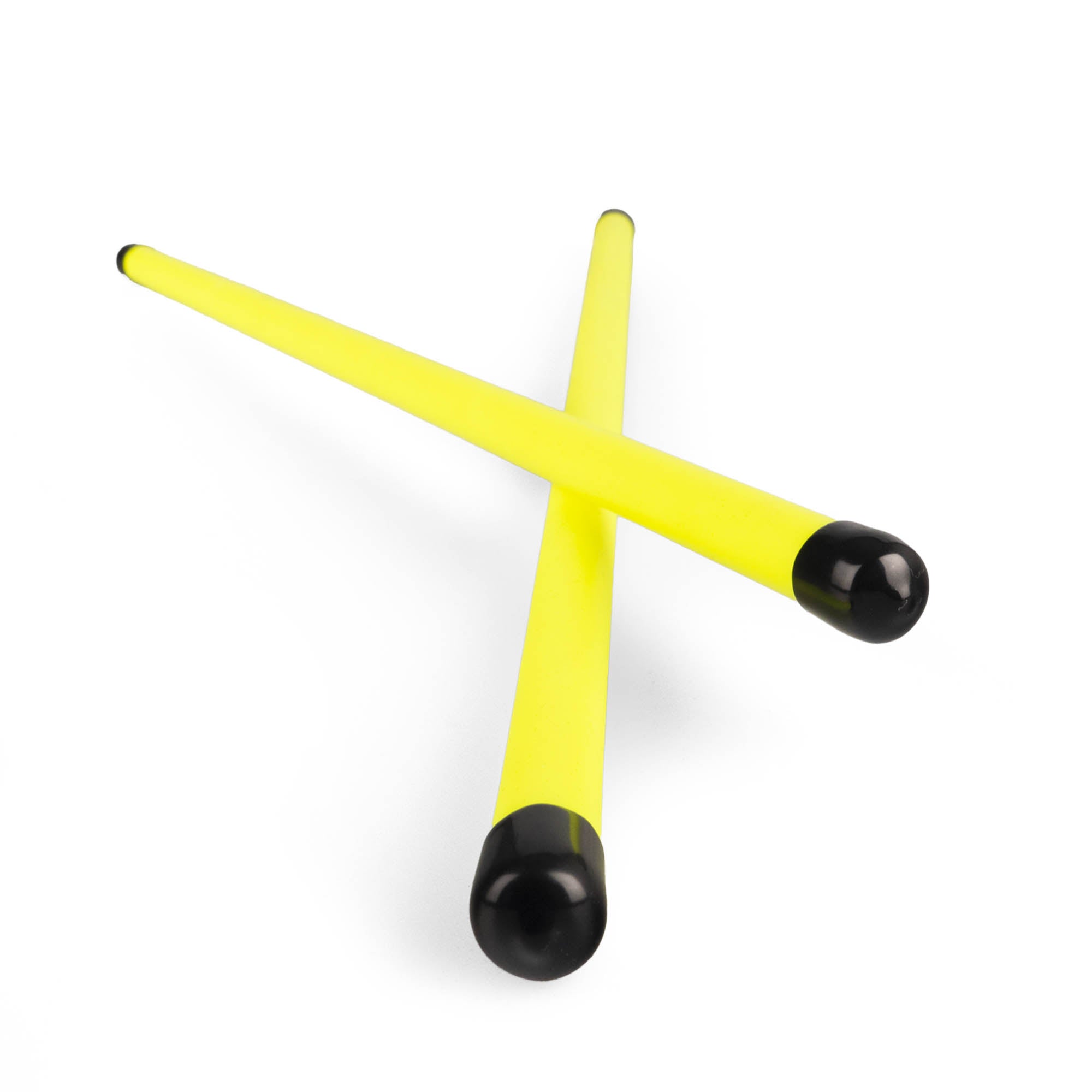 A pair of UV yellow devilstick handsticks crossed over