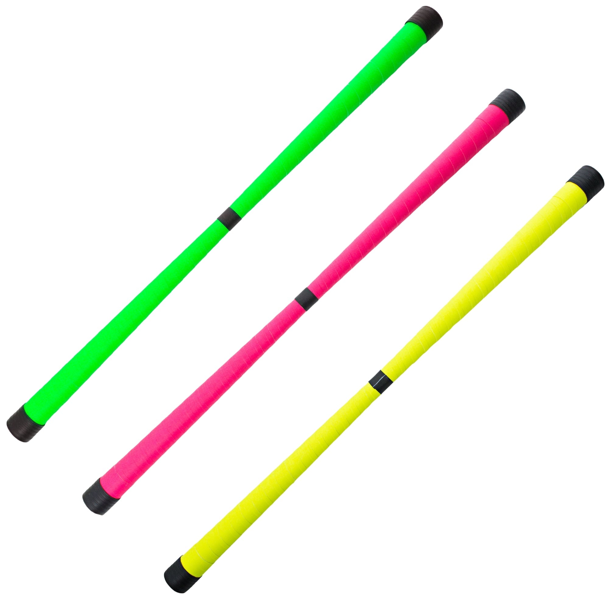 a row of 3 different coloured devil sticks