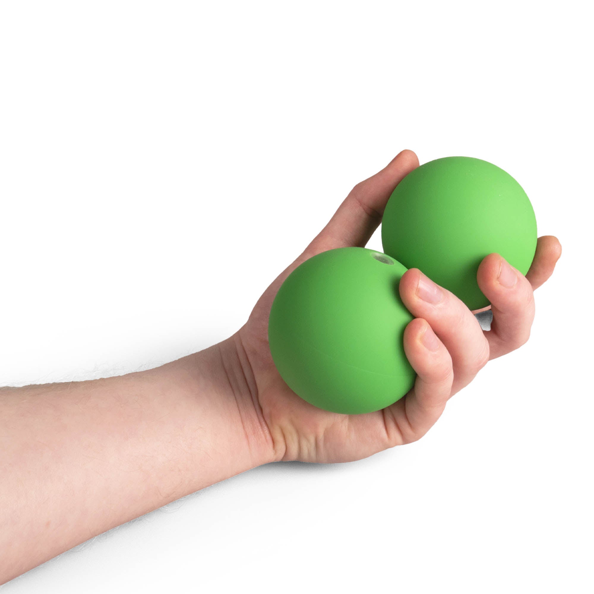 Two green Mr Babache russian juggling balls in hand