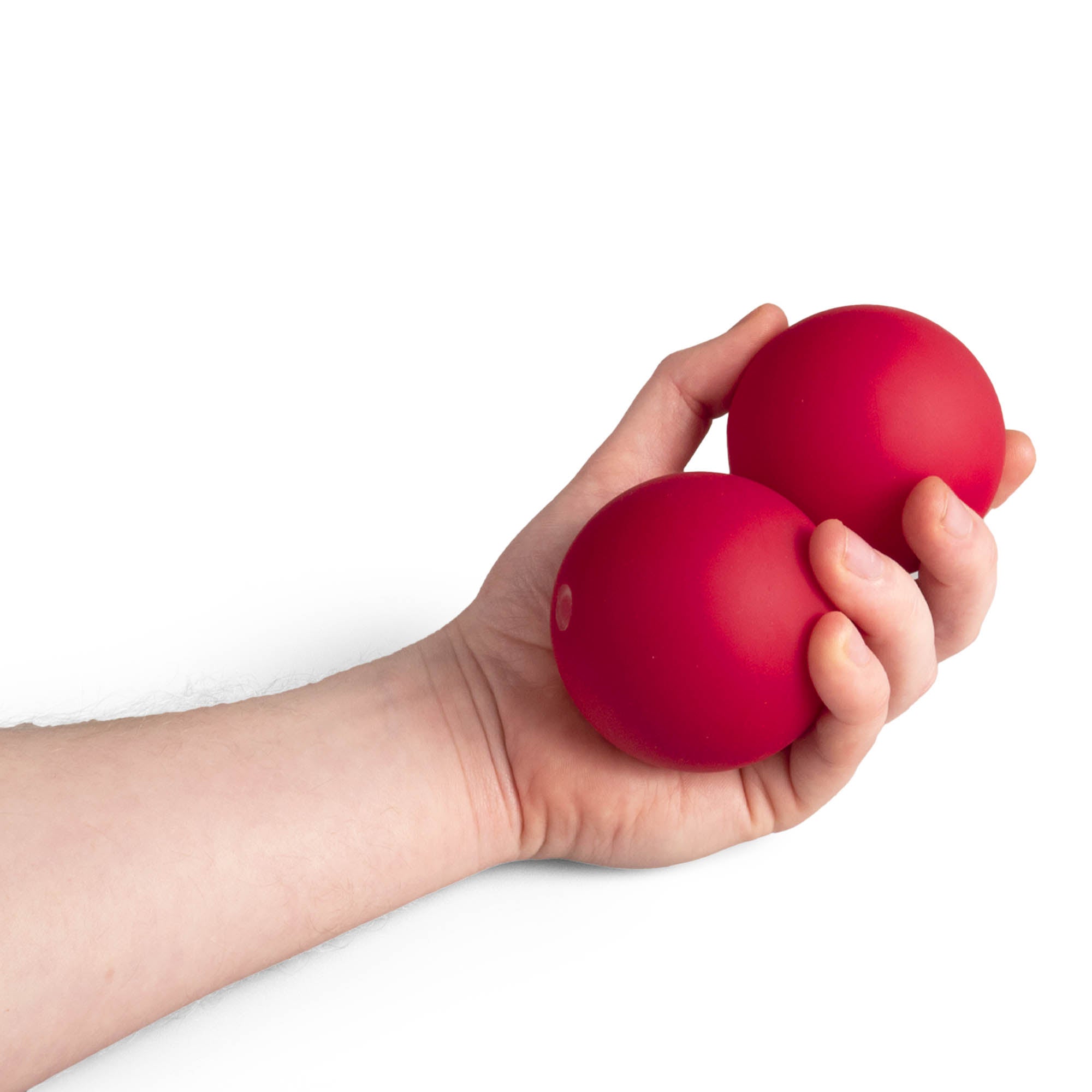 Two red Mr Babache russian juggling balls in hand