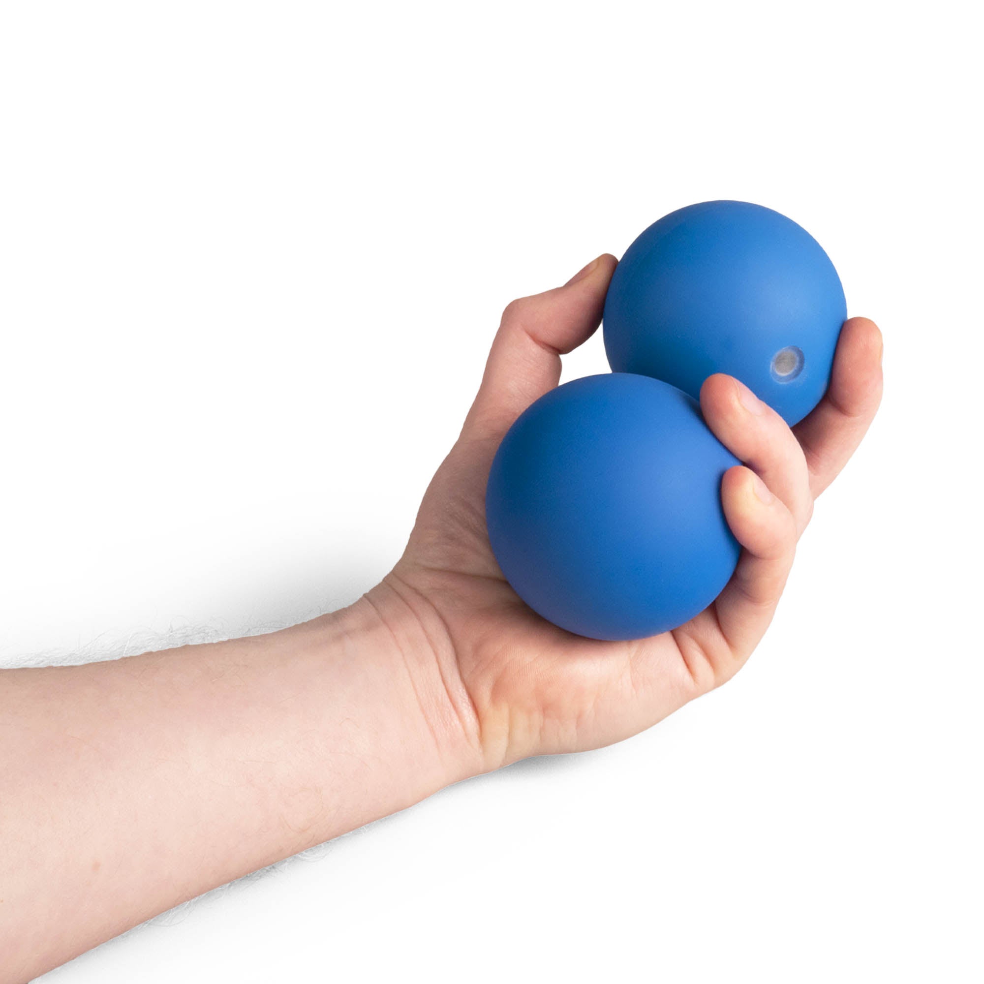 Two blue Mr Babache russian juggling balls in hand