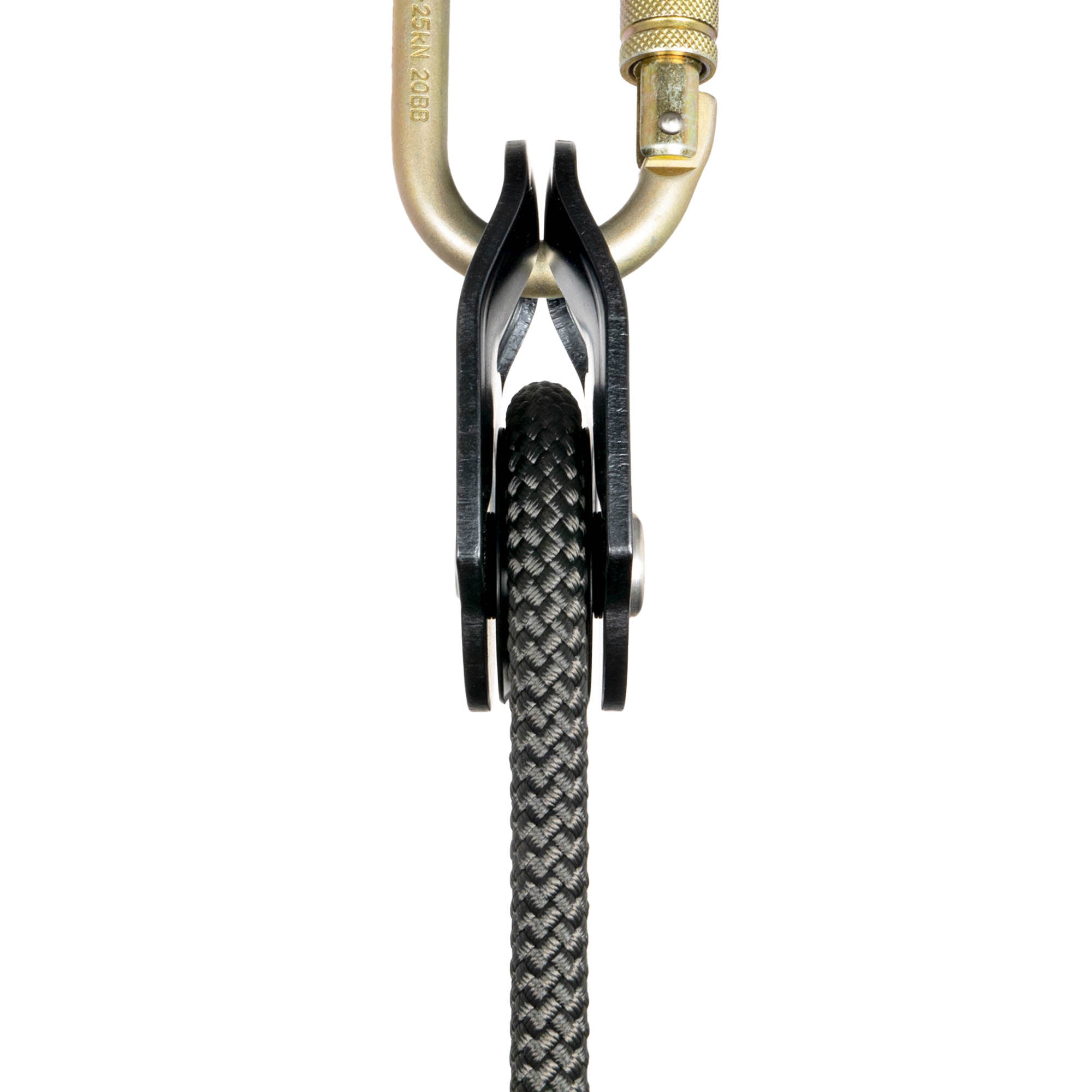 Petzl rescue pulley in black attached to carabiner